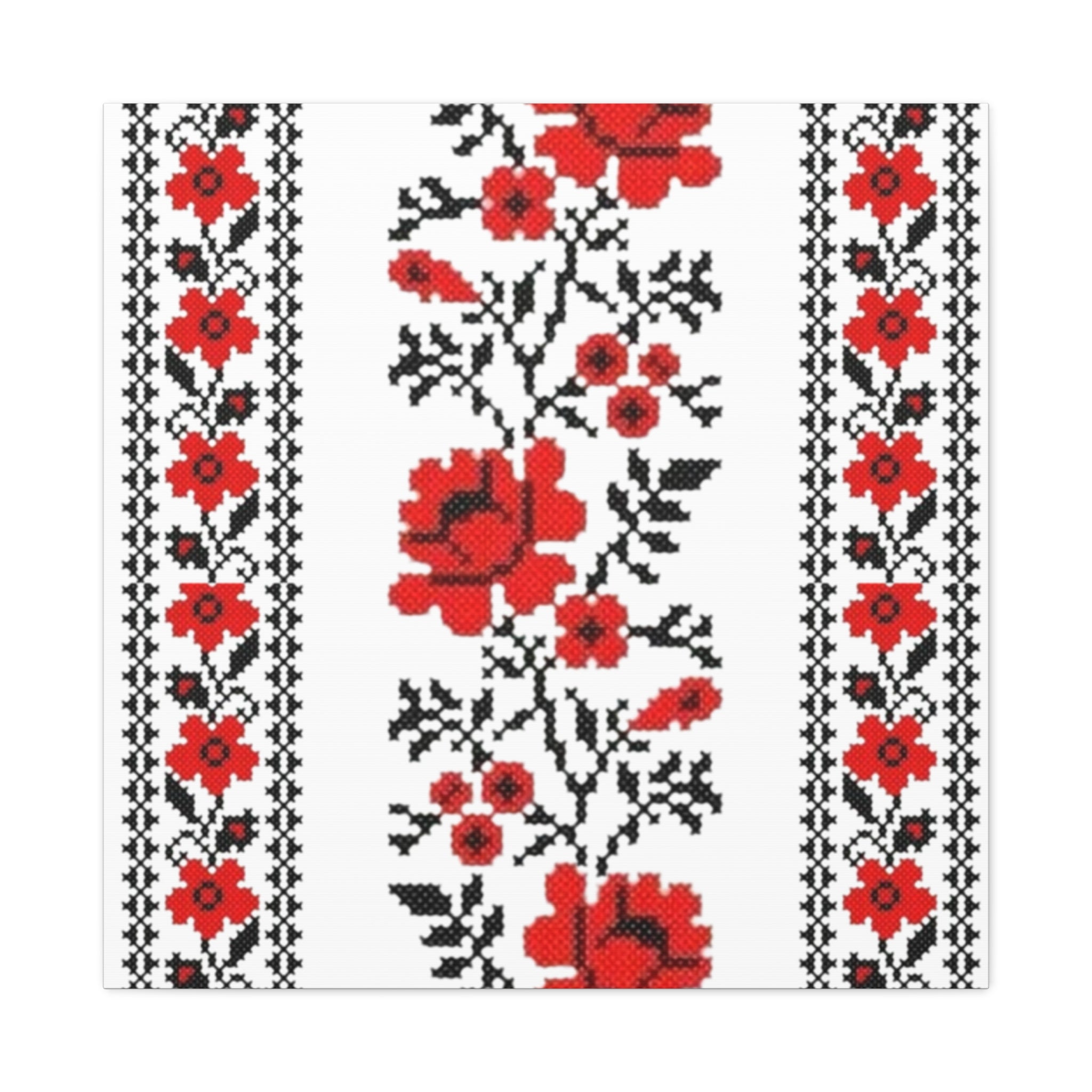 Ukrainian Embroidery Wall Art, Red Black Folk Floral Pattern, Traditional Slavic Home Decor Canvas for Living Room or Entryway, Matte Print, Stretched 1.25" Ready to Hang