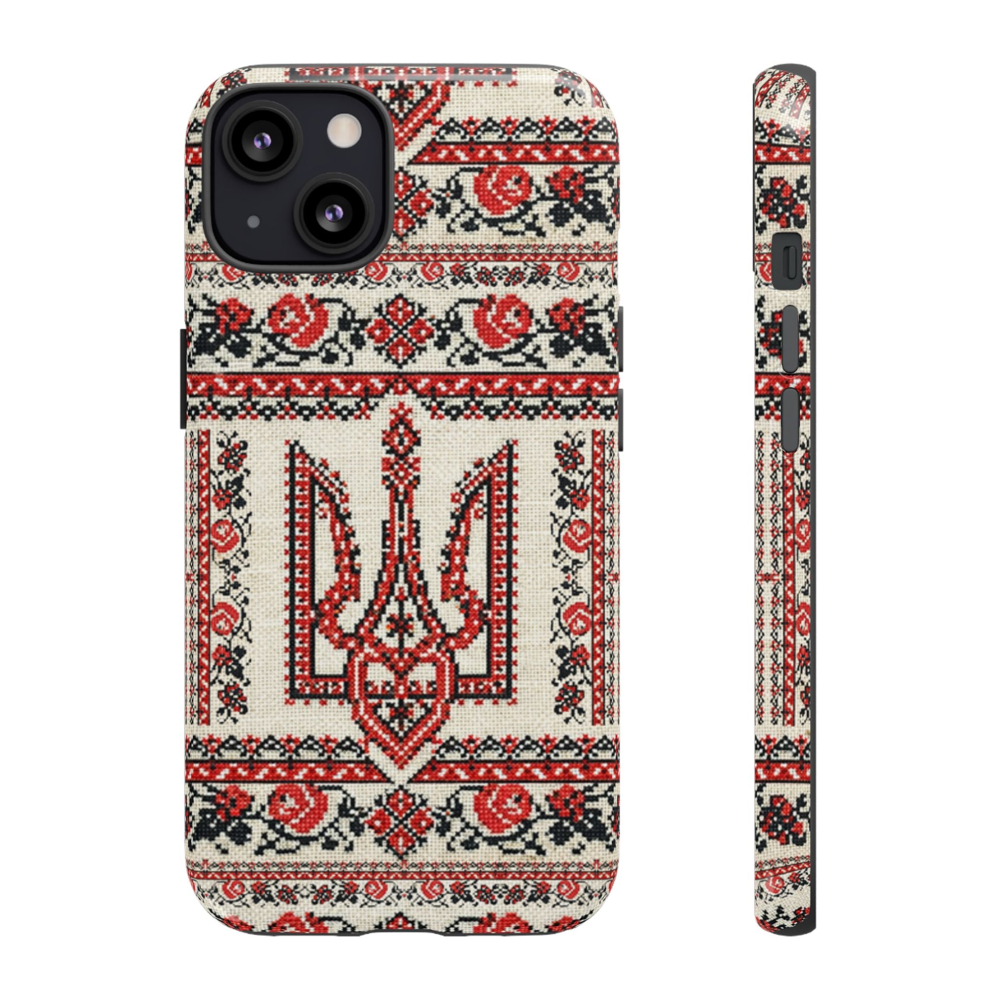 Ukrainian Trident Embroidery Phone Case • Red Black Trident Pattern • Protective Folk Art Cover for iPhone & Samsung