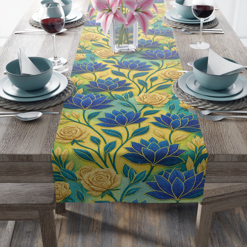 Blue Lotus Table Runner, Yellow Floral Dining Decor, Cotton Poly Tablecloth, Ukrainian Bloom Table Topper, Botanical Kitchen Runner