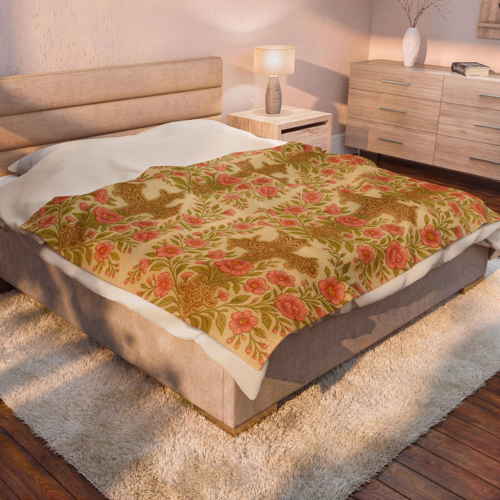 BLUESKYDEZIGN Blessed Home Floral Cross Plush Blanket | Vintage Rose Religious Throw | Soft Velveteen | 3 Sizes