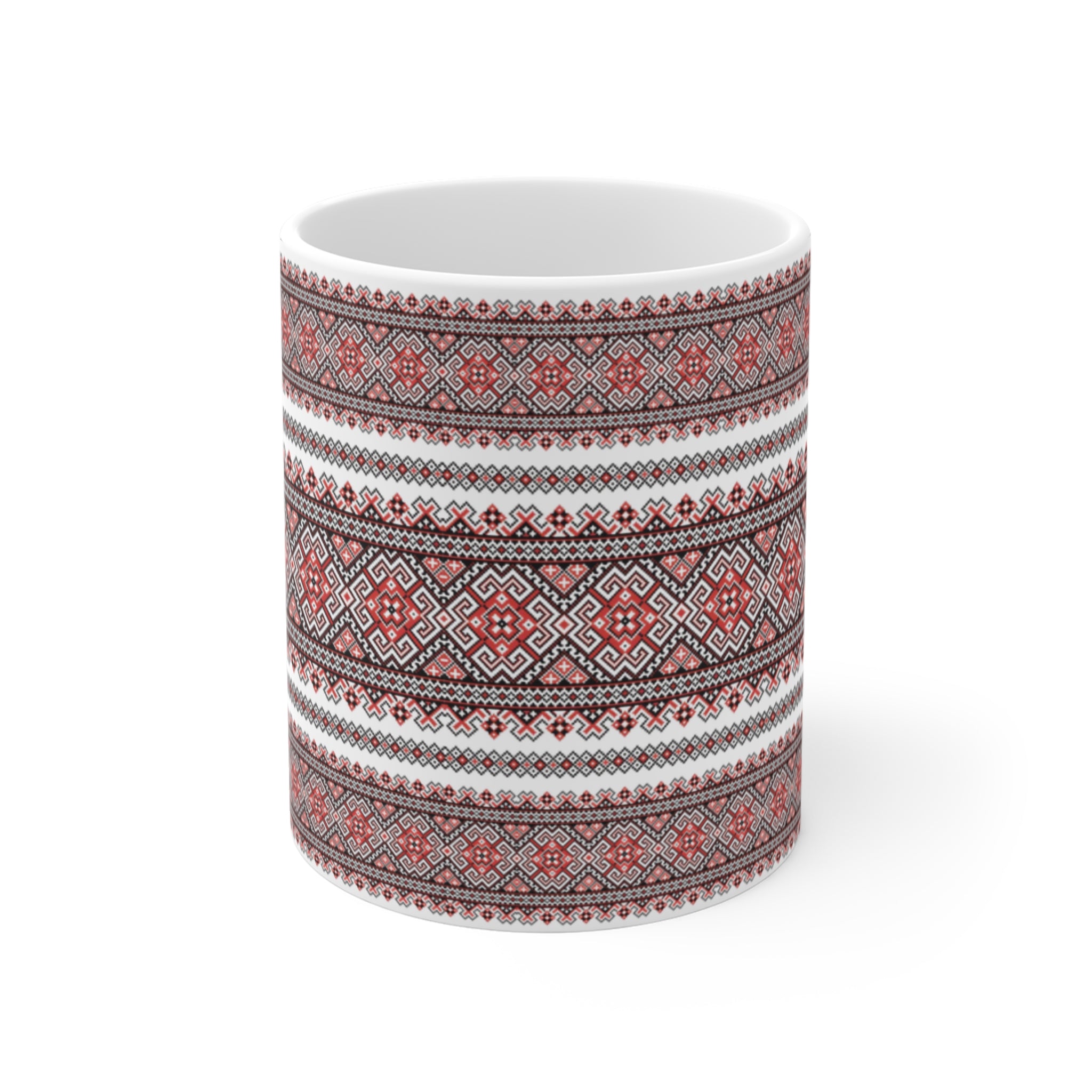 Pattern Red Ukrainian Pattern Mug 11 oz,  Folk Design Coffee Cup, Slavic Geometric Print Ceramic Mug