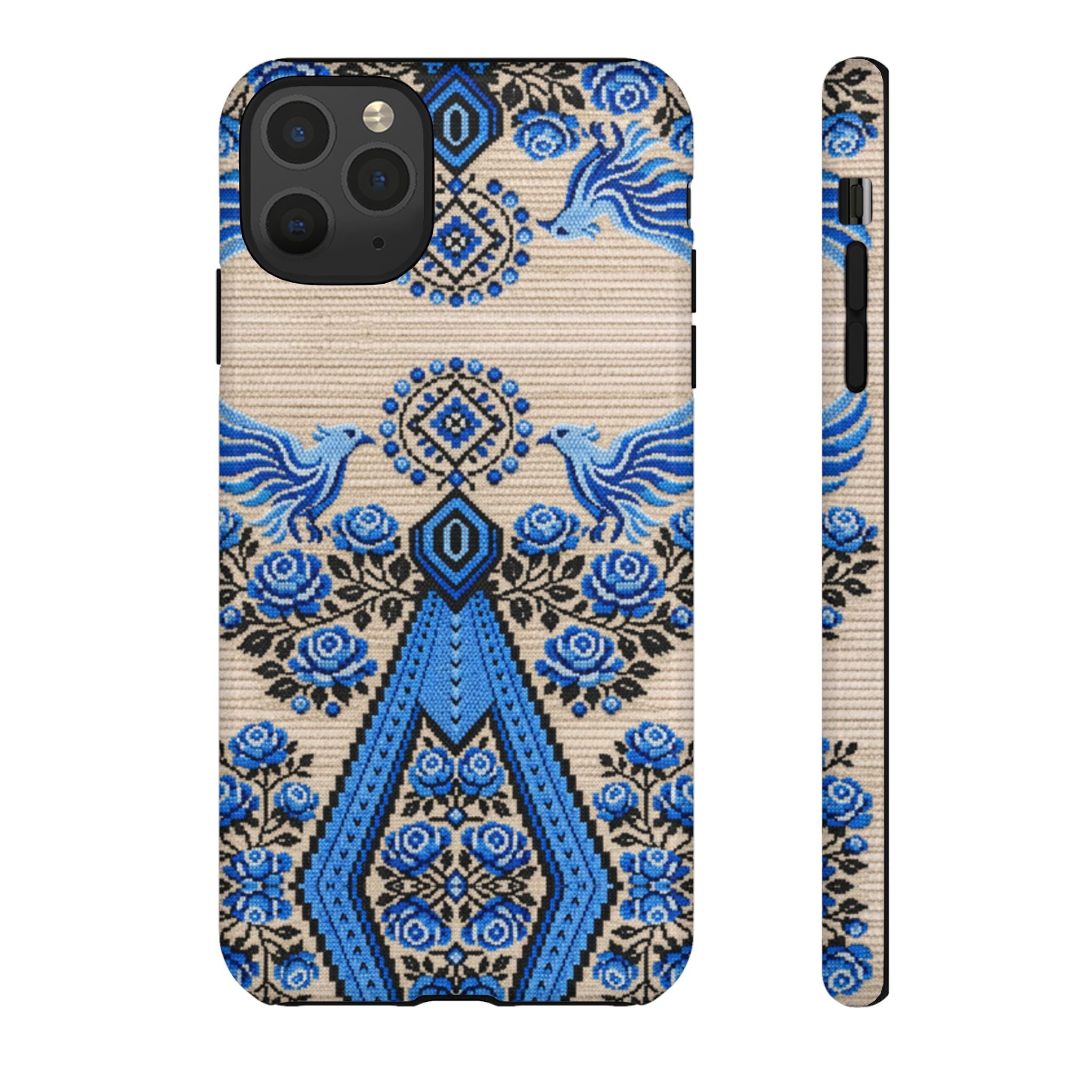 Ukrainian Phone Case  Blue Black Berehynia Design, Falcons & Roses Folk Art, Slavic Embroidery Style Protective Cover
