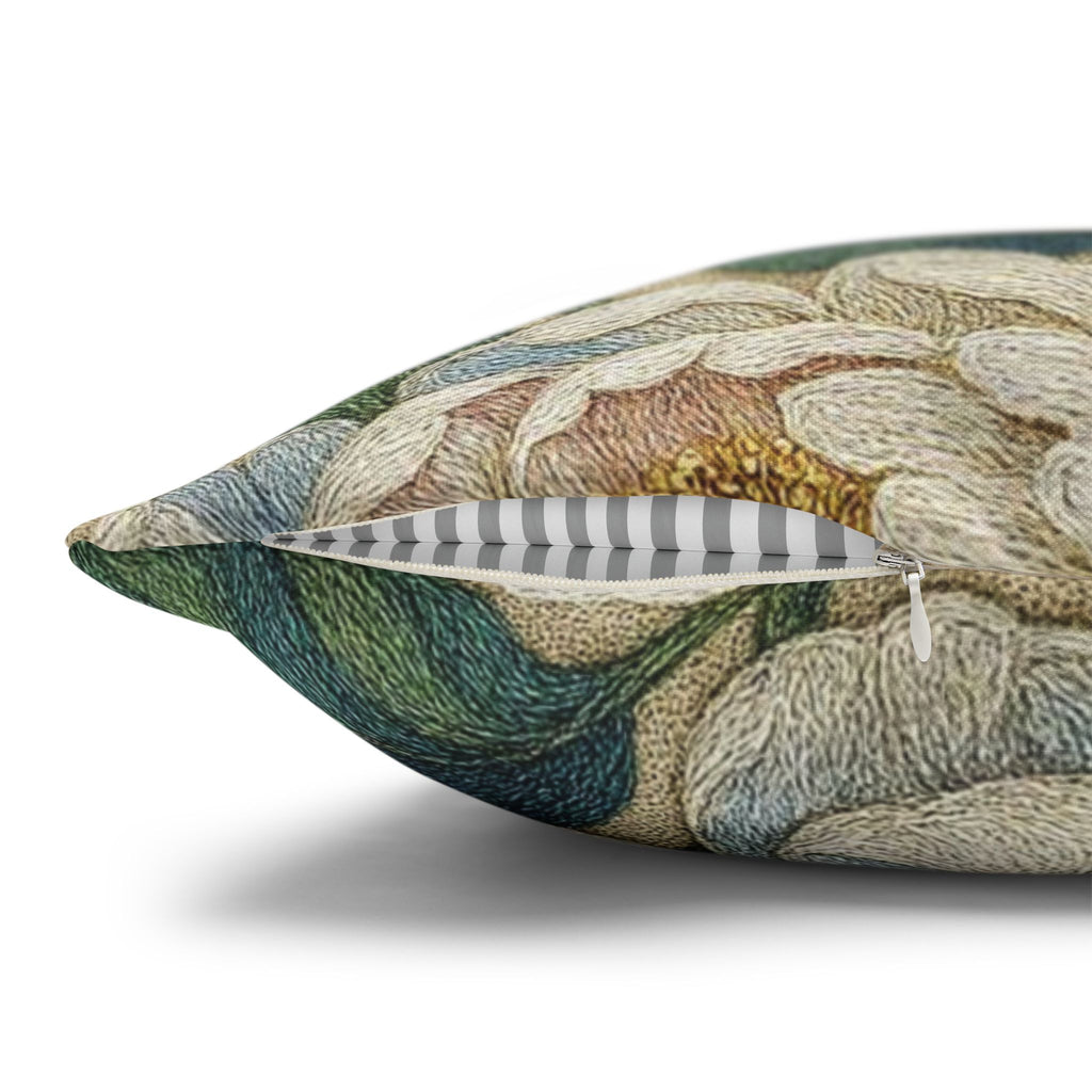 Petrykivka Bloom Pillow Cover – Cream Peony Floral, Vintage Blue Embroidered Look
