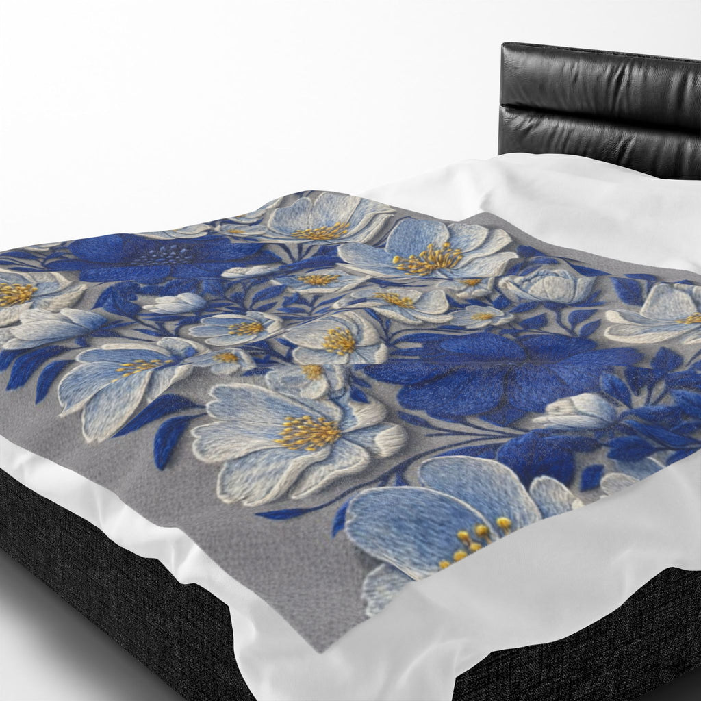 Denim Soul Indigo Floral Velveteen Blanket – Plush Throw for Bed & Sofa
