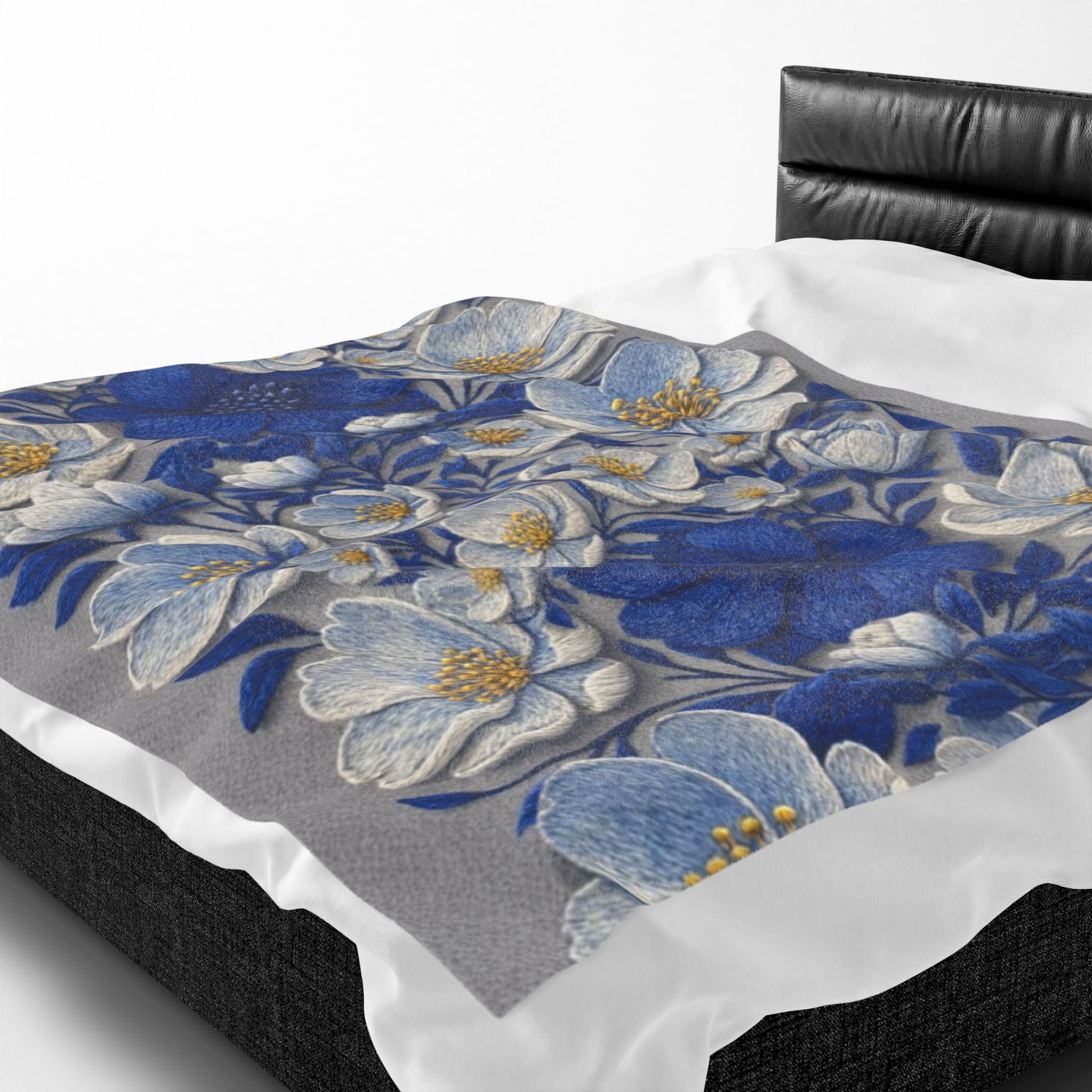 Denim Soul Indigo Floral Velveteen Blanket – Plush Throw for Bed & Sofa