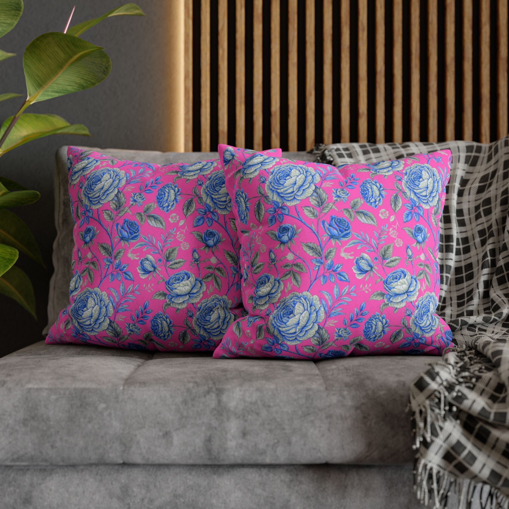 Pink & Blue Rose Floral Throw Pillow Cover | Double-Sided Spun Polyester