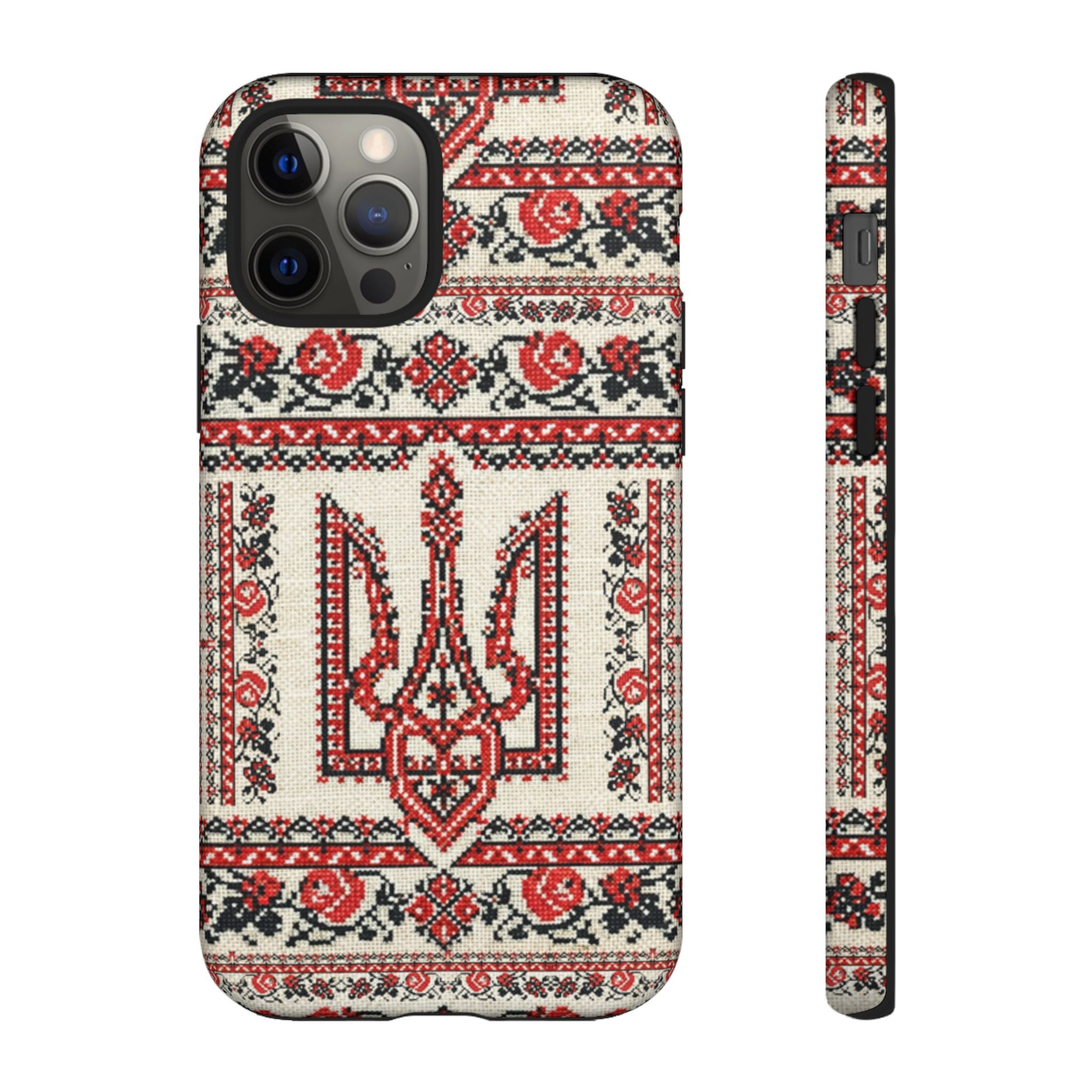 Ukrainian Trident Embroidery Phone Case • Red Black Trident Pattern • Protective Folk Art Cover for iPhone & Samsung