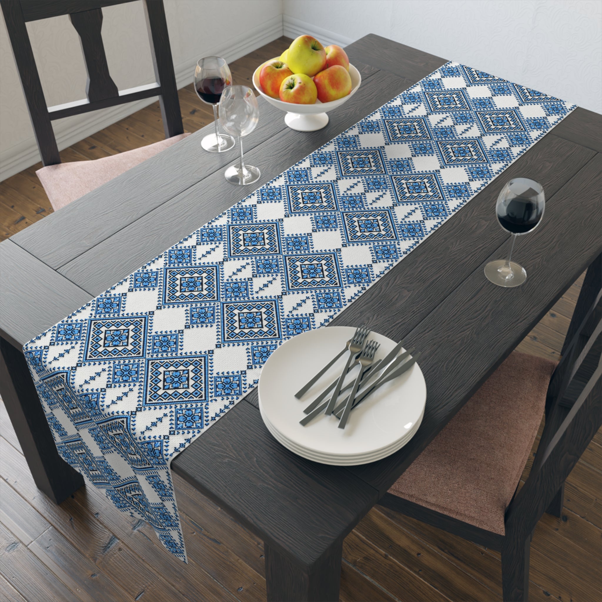Blue Sky Folk Art Table Runner | Ukrainian Heritage Indigo Geometric Linen