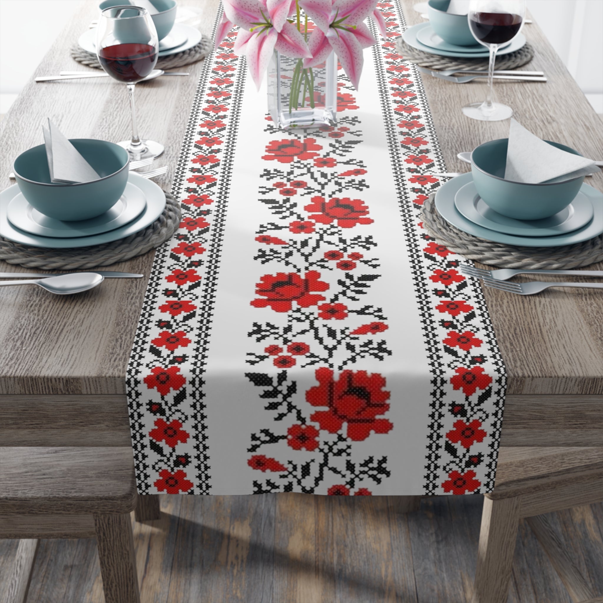 Ukrainian Traditional Red & Black Pattern Table Runner, holiday table setting, vintage home decor, for parents, housewarming, cottage core