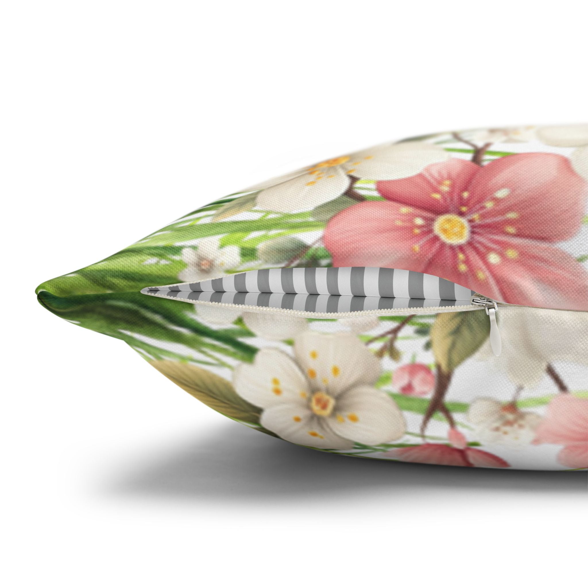Spring Floral Pillowcase 1piece, Polyester Cushion Cover, Green Grass Border with Pink  White Flowers, Spring Home Decor