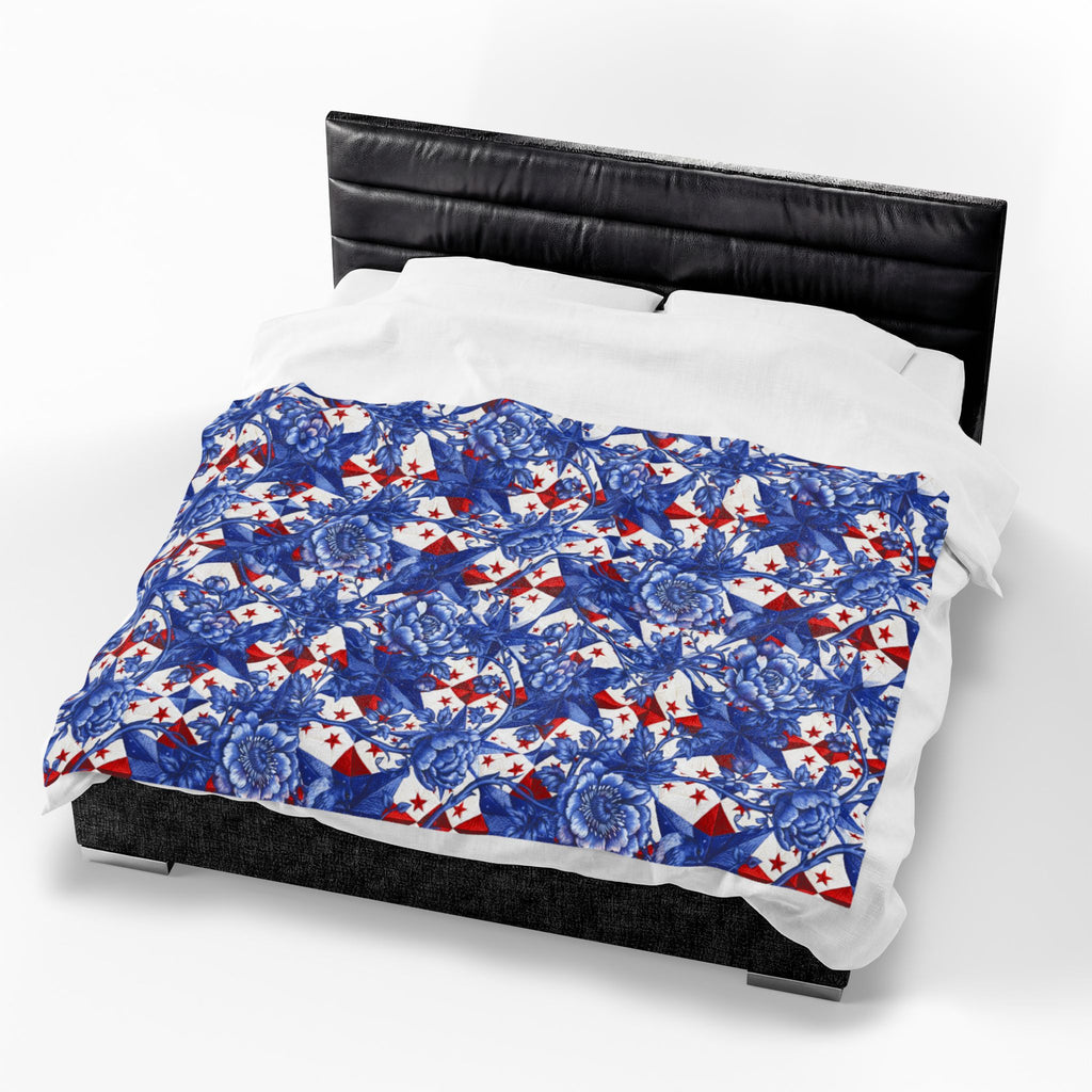 America 250th Anniversary Plush Blanket - Patriotic Blue Toile Floral & Red Star Velveteen Throw