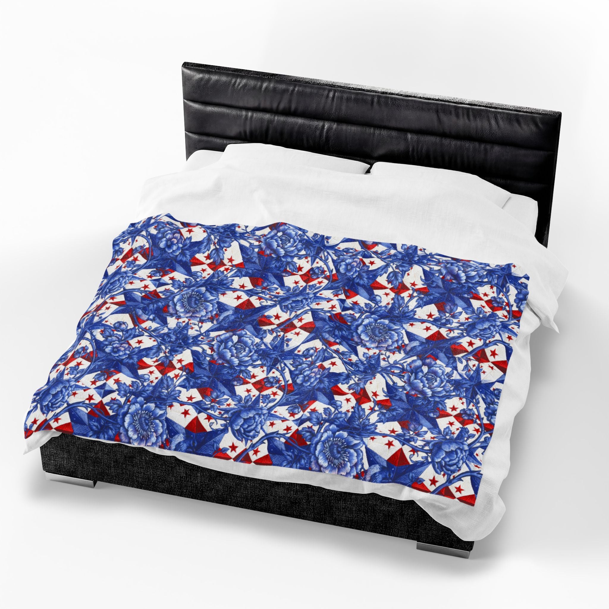 America 250th Anniversary Plush Blanket - Patriotic Blue Toile Floral & Red Star Velveteen Throw