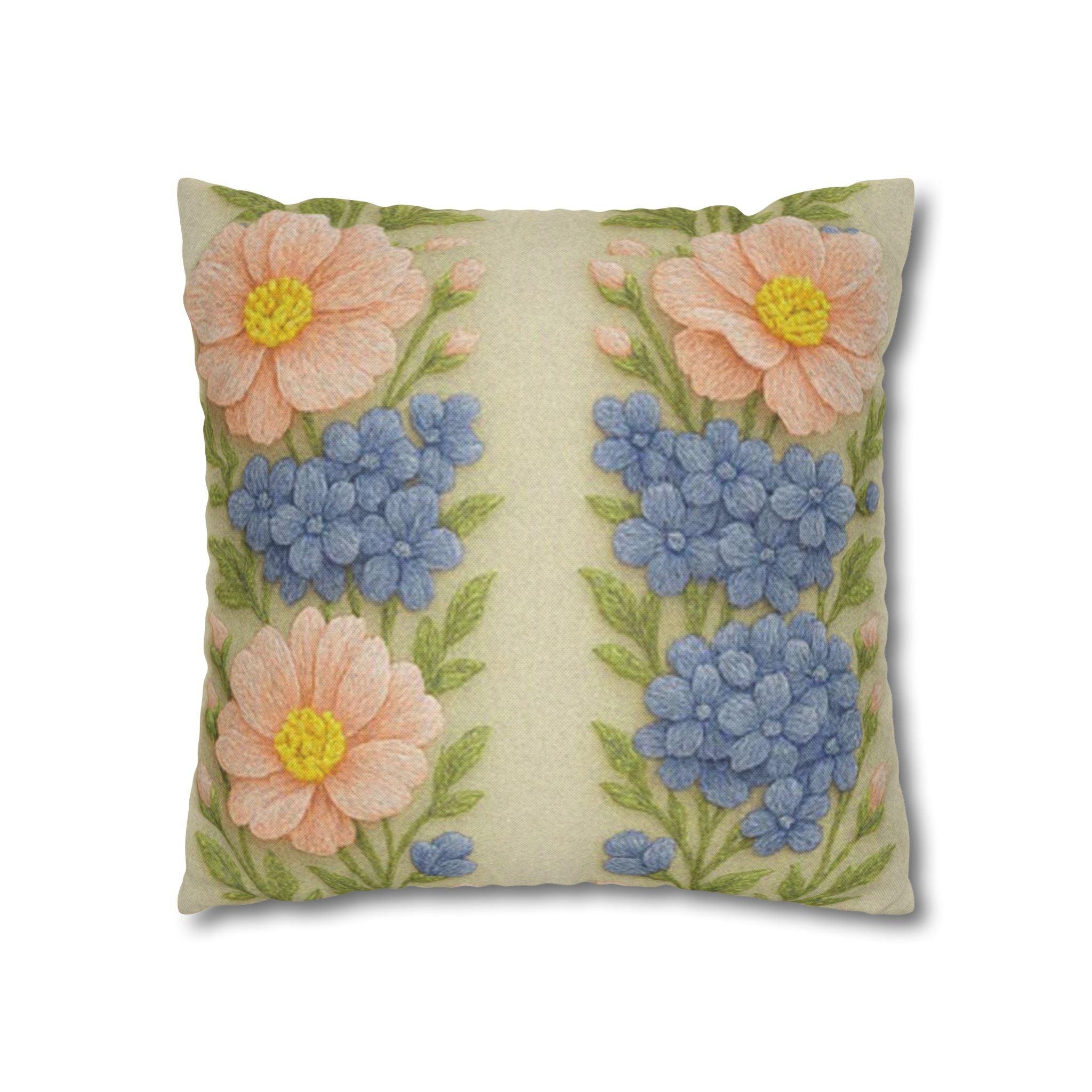 Vintage Floral Pillow Cover – Cottagecore Pink Daisies & Blue Hydrangeas | BLUESKYDEZIGN