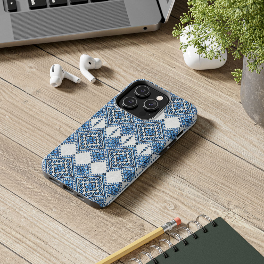 BLUESKYDEZIGN | Blue Sky Folk Art Phone Case | Ukrainian Heritage Geometric Embroidery iPhone Cover | Artist-Designed