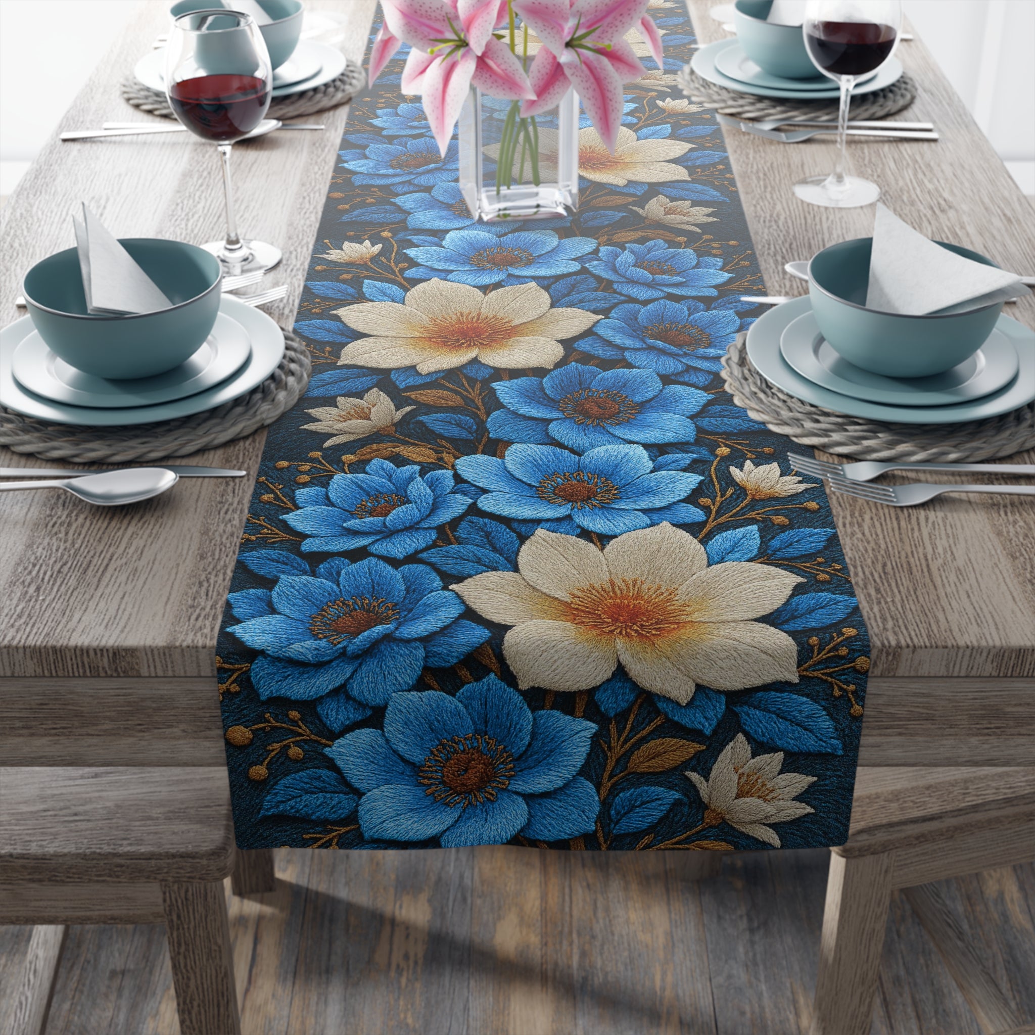 Close-up of a Midnight Symphony table runner featuring large blue and cream 3D-effect floral patterns on a dark navy background, styled on a wooden dining table with blue plates and wine glasses.
