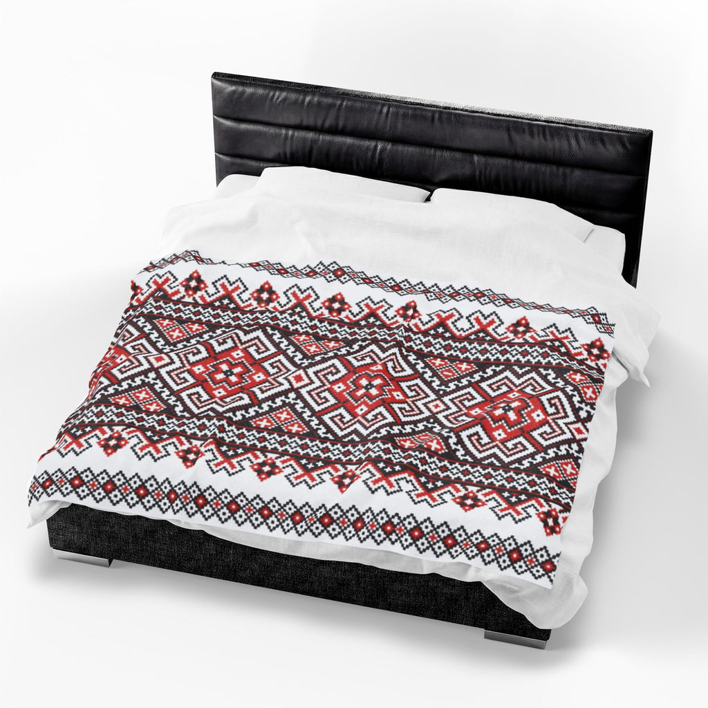 Stasia Red Blanket – Ukrainian Folk Art Velvet Plush Throw, Red & Black Geometric
