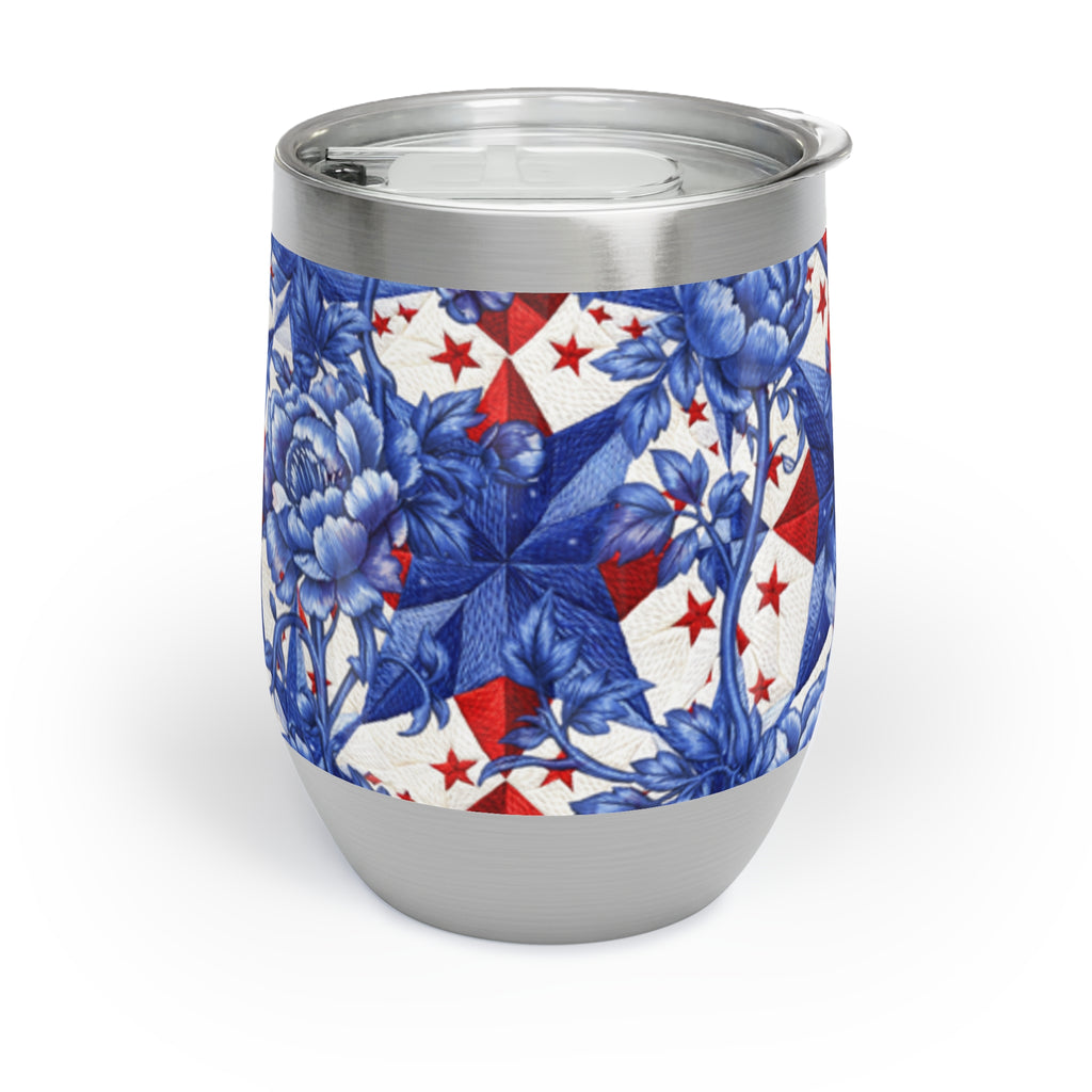 America 250th Anniversary Wine Tumbler - Patriotic Blue Toile & Red Star Insulated Stainless Steel Cup