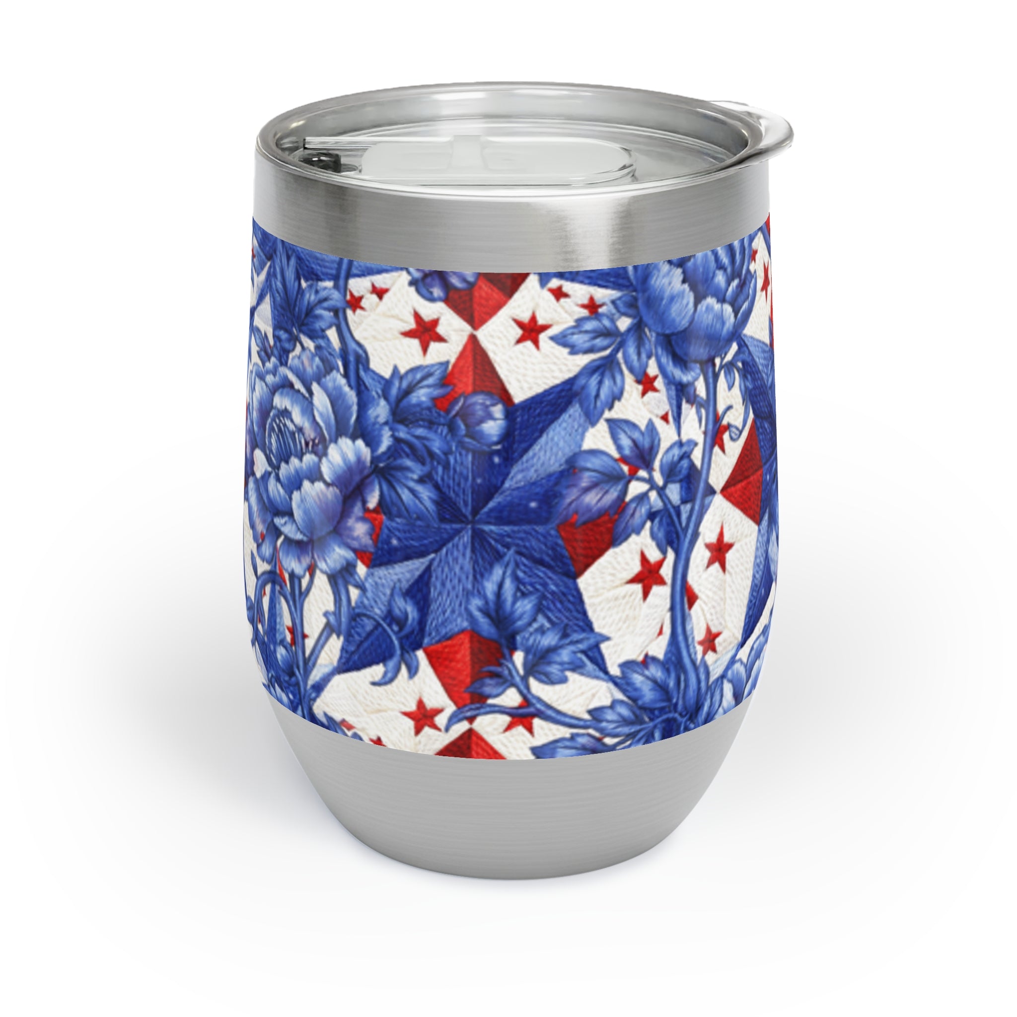 America 250th Anniversary Wine Tumbler - Patriotic Blue Toile & Red Star Insulated Stainless Steel Cup