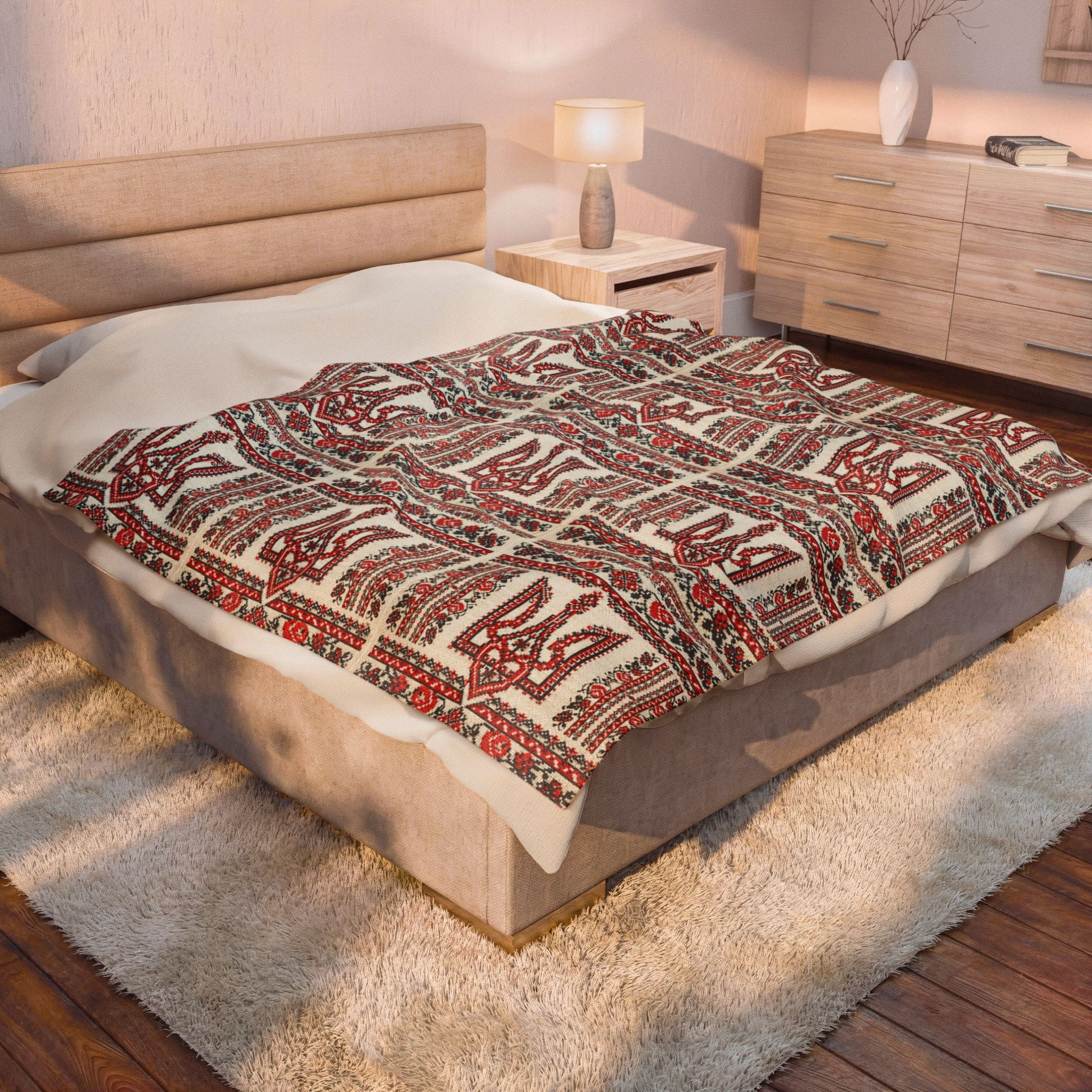 Tryzub Velvet Plush Blanket, Soft Red Black Embroidery Pattern, Ukrainian Folk Art Trident Throw