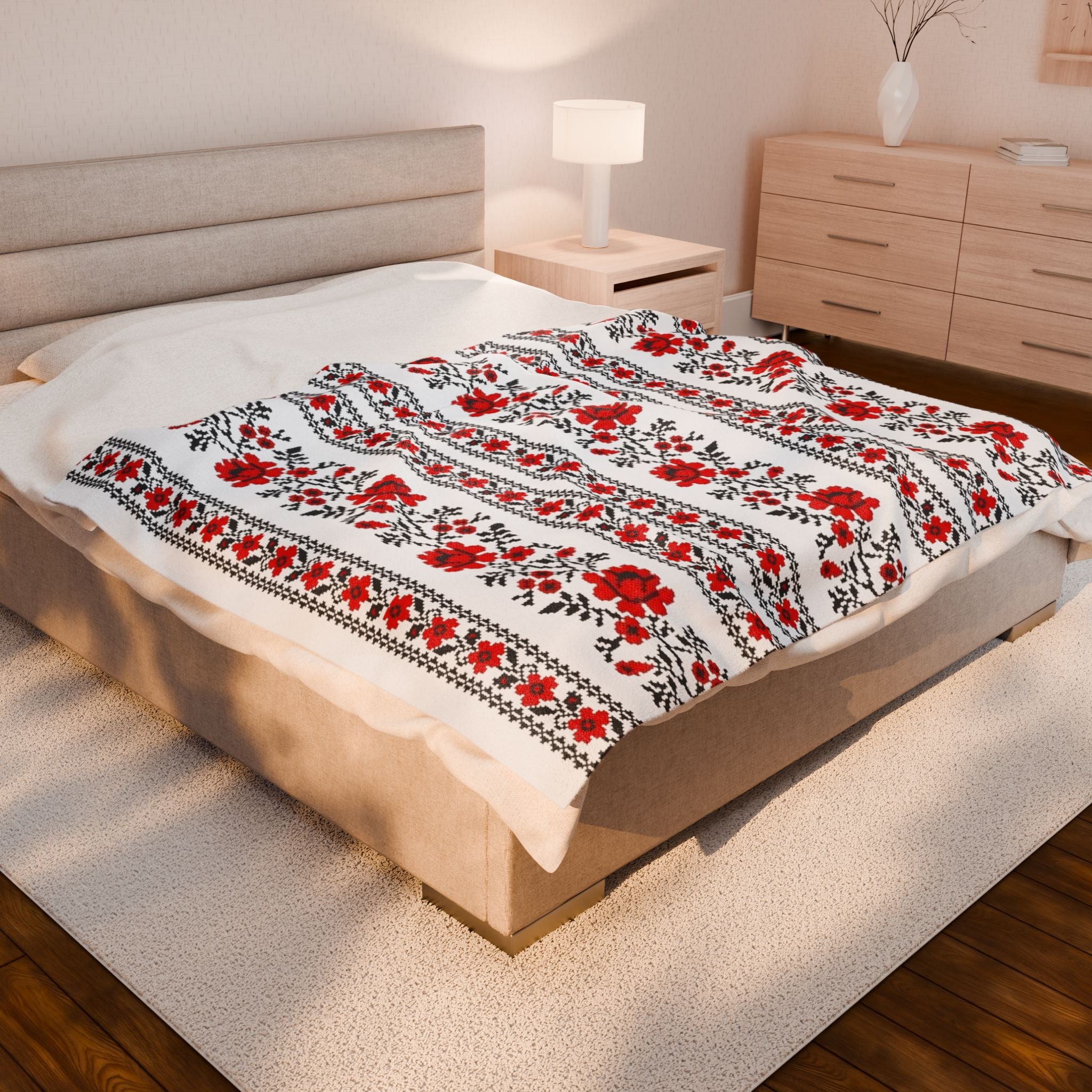 Red Rose Floral Pattern Velveteen Plush Blanket | Striped Botanical Throw