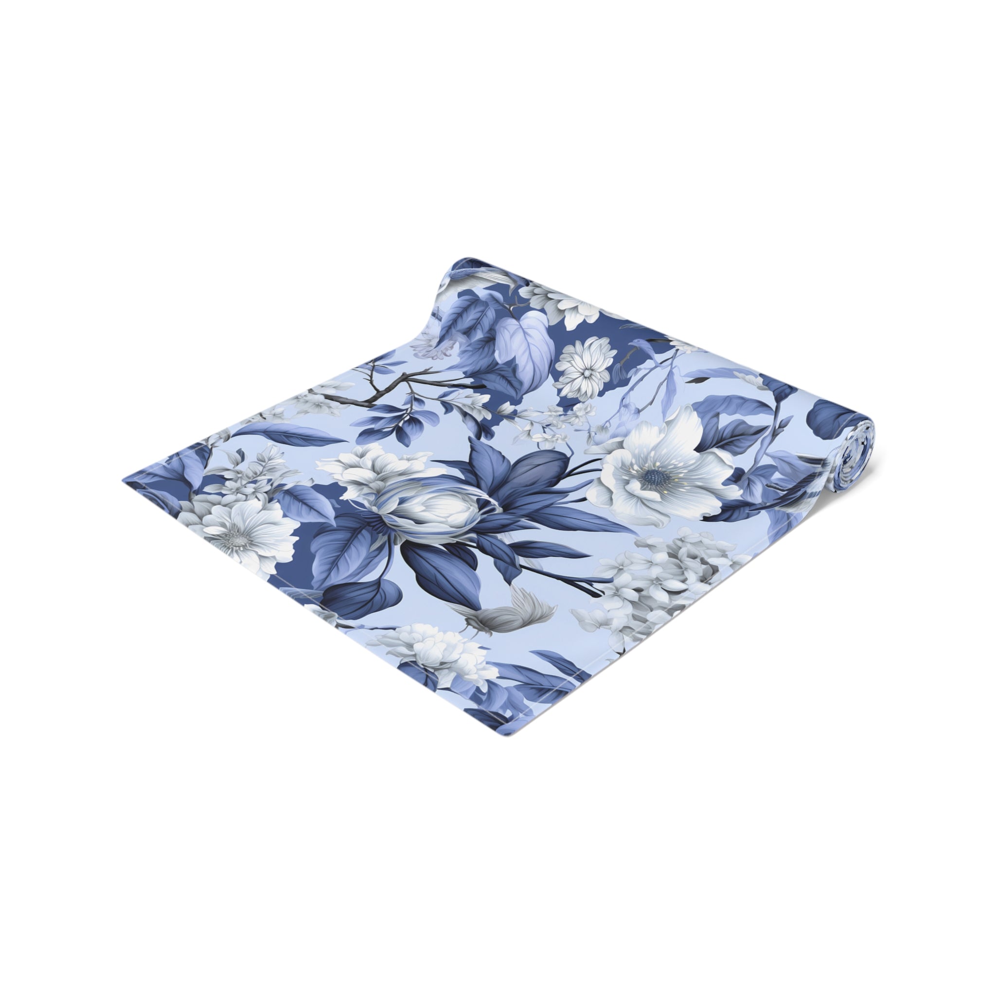 Blue Floral Watercolor Table Runner | Vintage Botanical Dining Decor | Cotton Twill & Polyester