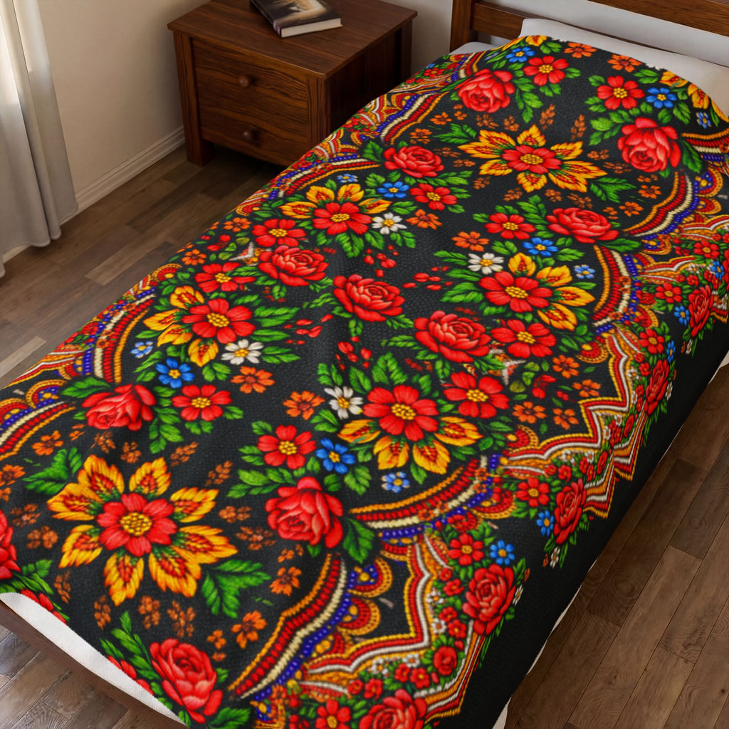 Mother's Bloom Plush Blanket | Ukrainian Folk Art Floral Throw | Boho Heritage Decor