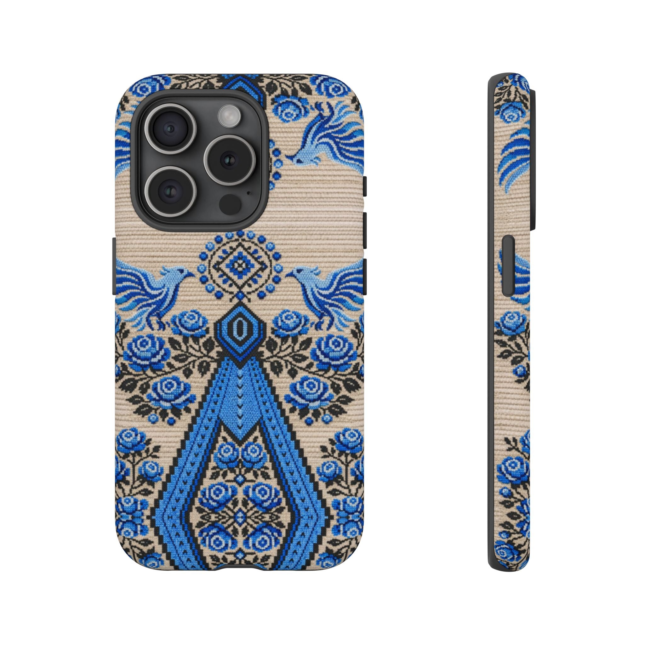 Ukrainian Phone Case  Blue Black Berehynia Design, Falcons & Roses Folk Art, Slavic Embroidery Style Protective Cover
