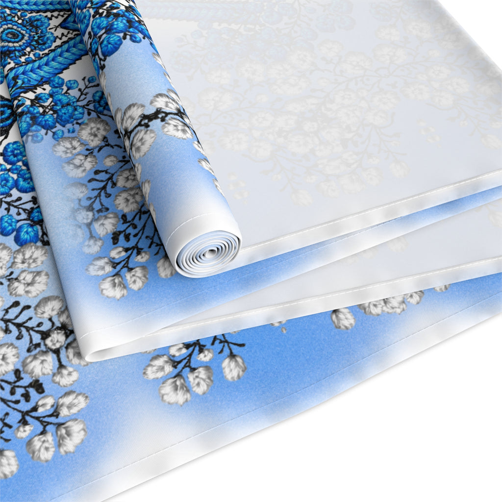 Ukrainian Berehynia Blue Table Runner — Folk Embroidery Style, Roses & Geometric Pattern | BLUESKYDEZIGN