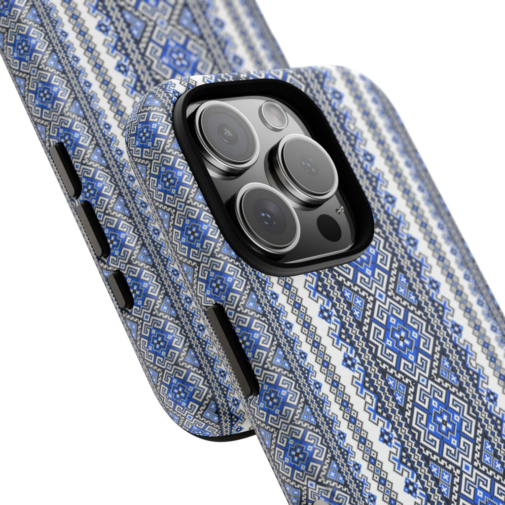 Ukrainian Pattern iPhone Case, Blue Black Geometric Folk Design, Protective Phone Cover, Traditional Ethnic Print