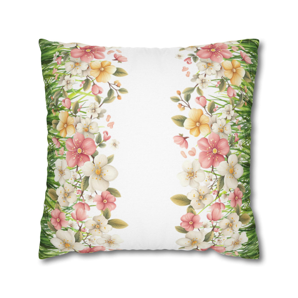 Spring Floral Pillowcase 1piece, Polyester Cushion Cover, Green Grass Border with Pink  White Flowers, Spring Home Decor