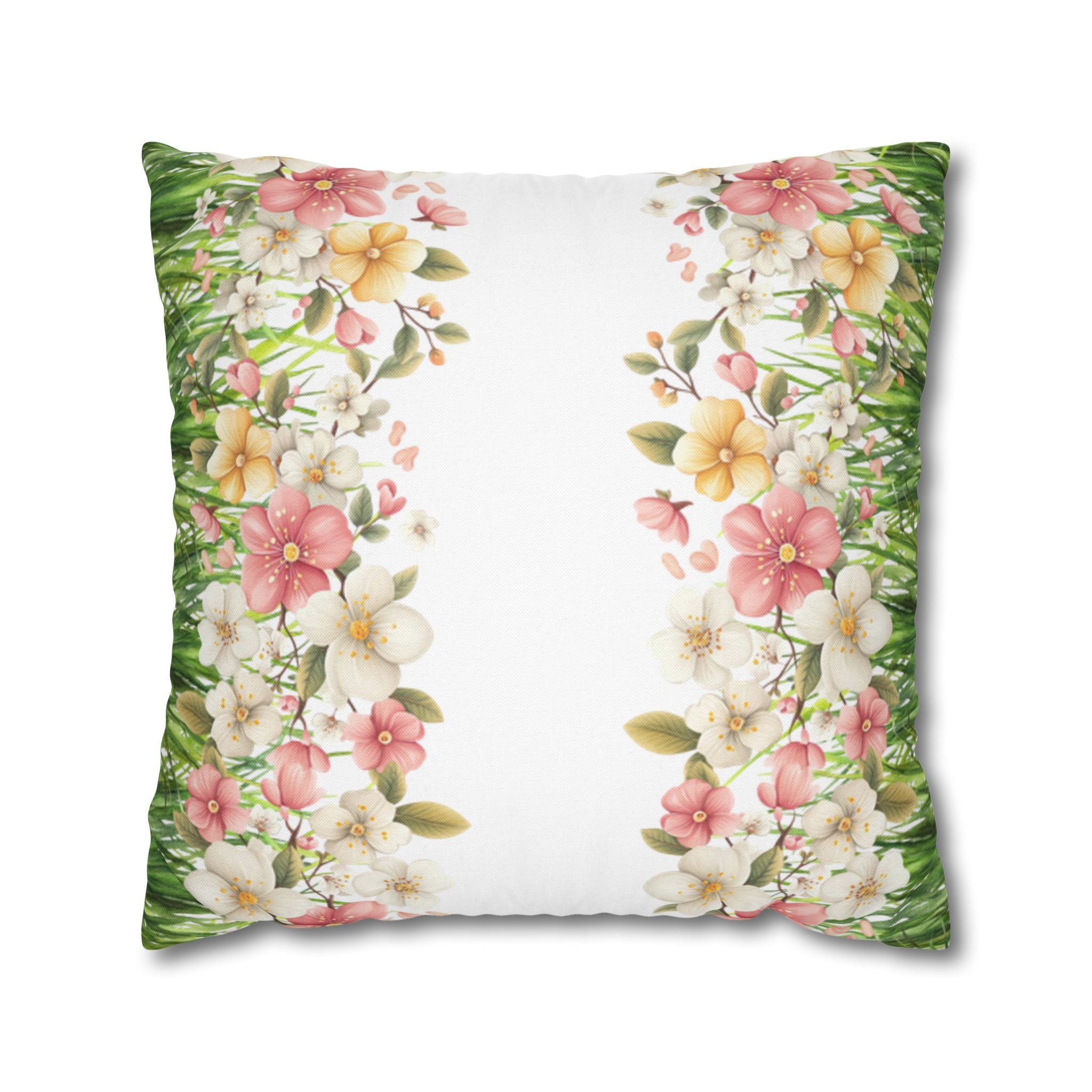 Spring Floral Pillowcase 1piece, Polyester Cushion Cover, Green Grass Border with Pink  White Flowers, Spring Home Decor