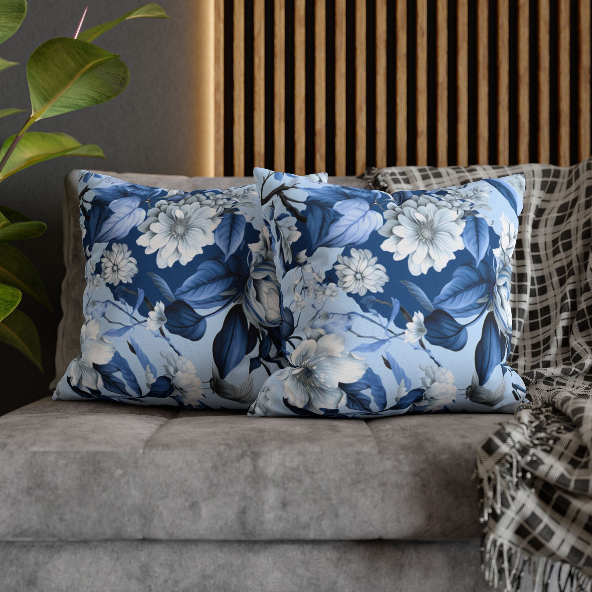 Blue Floral Pillow Cover | Vintage Botanical Double-Sided Cushion Case | Soft Polyester Home Decor