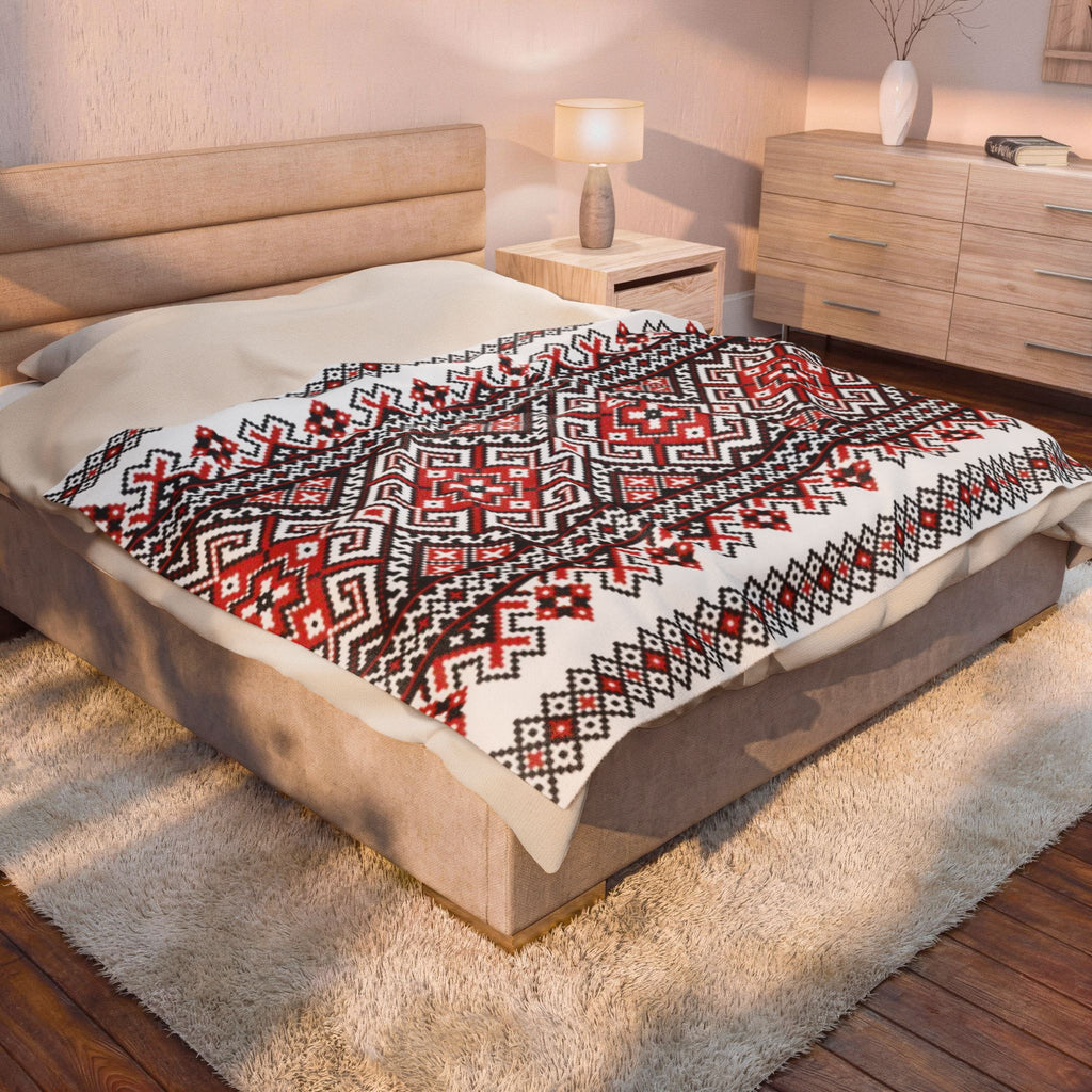 Stasia Red Blanket – Ukrainian Folk Art Velvet Plush Throw, Red & Black Geometric