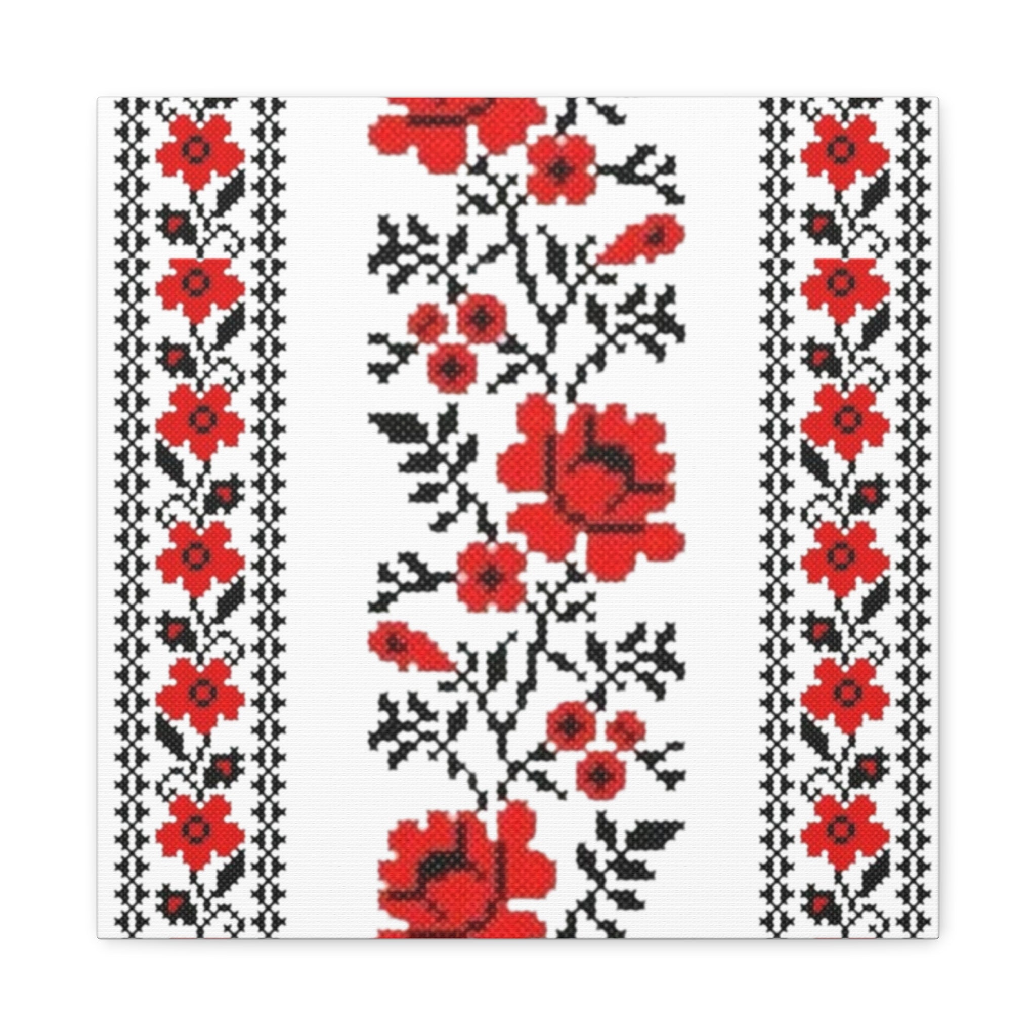 Ukrainian Embroidery Wall Art, Red Black Folk Floral Pattern, Traditional Slavic Home Decor Canvas for Living Room or Entryway, Matte Print, Stretched 1.25" Ready to Hang