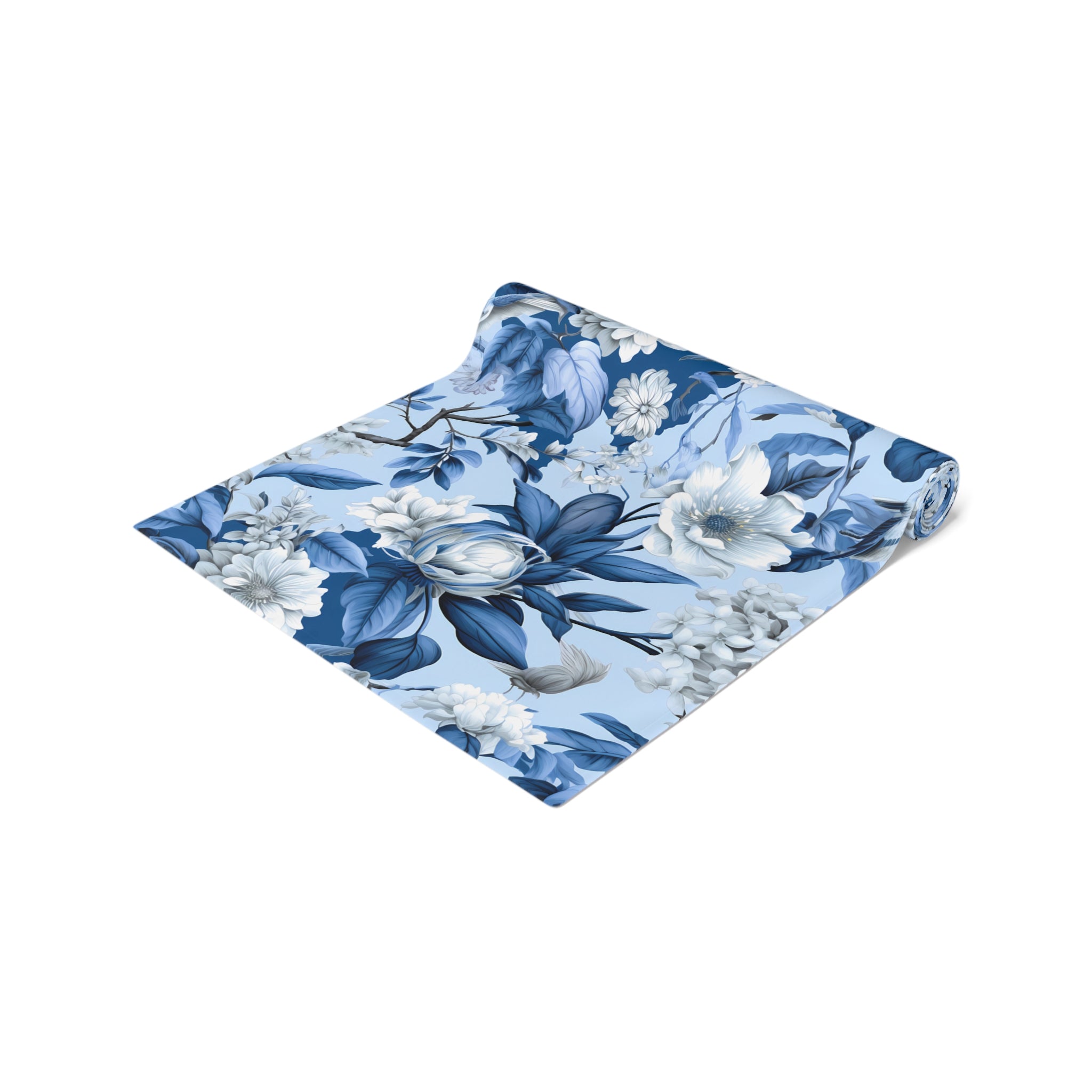 Blue Floral Watercolor Table Runner | Vintage Botanical Dining Decor | Cotton Twill & Polyester