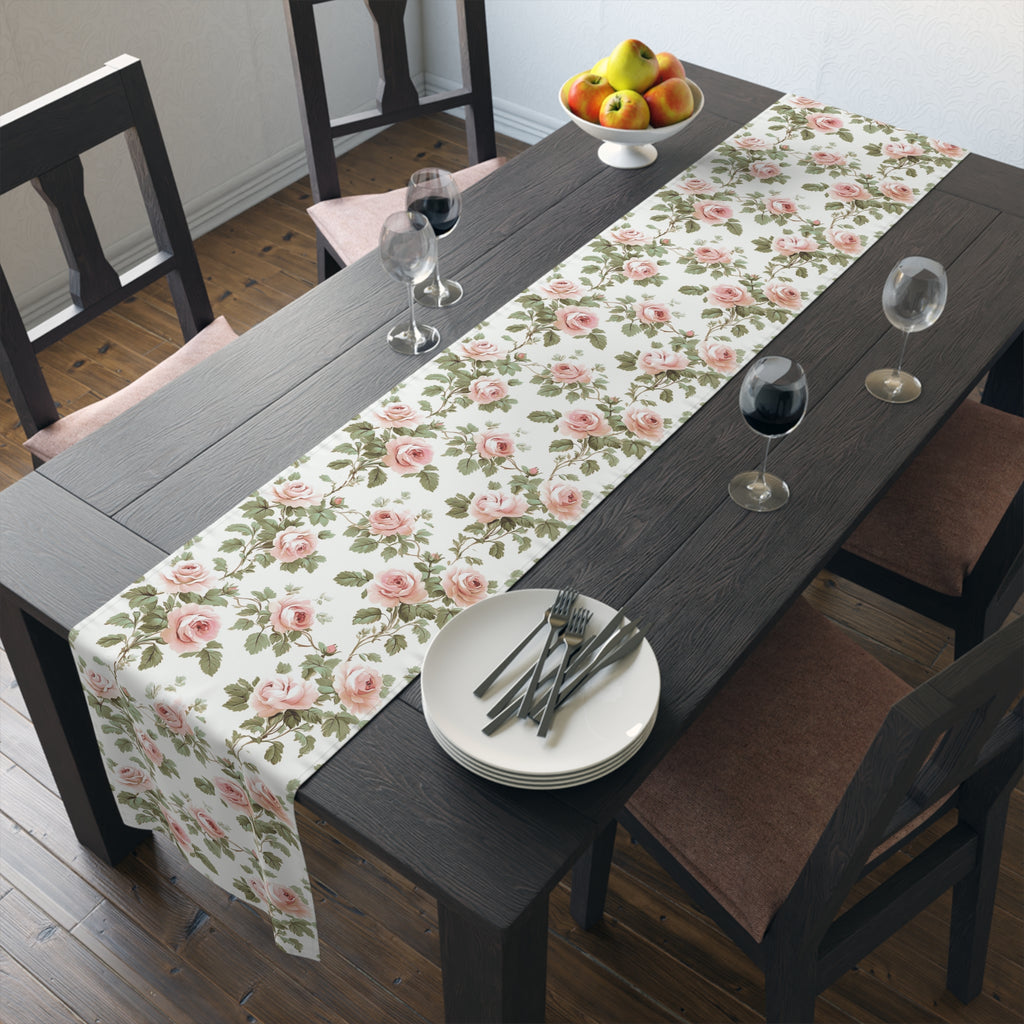 BLUESKYDEZIGN Vintage Pink Rose Vine Table Runner - Floral Toile de Jouy Decor