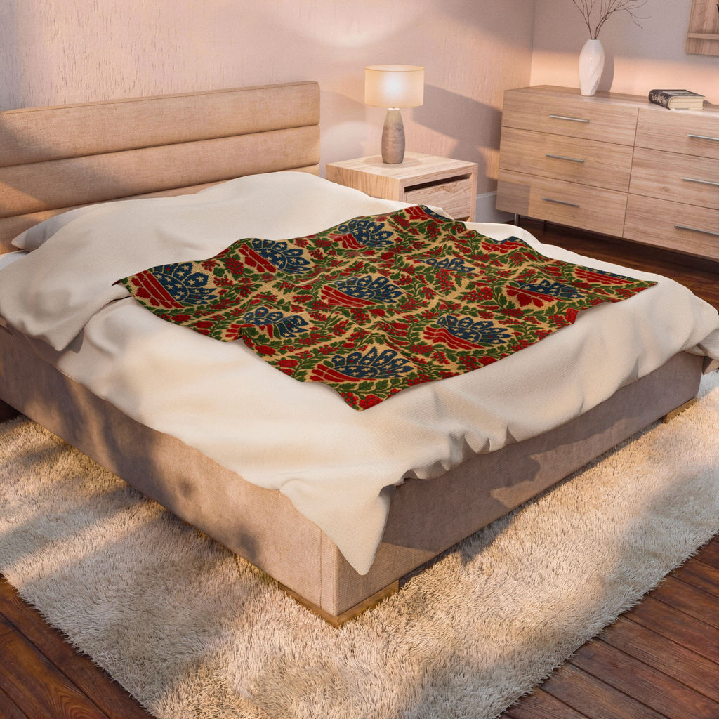 America 250 Velveteen Plush Blanket | Patriotic Folk Floral Throw | 1776–2026 Anniversary Gift