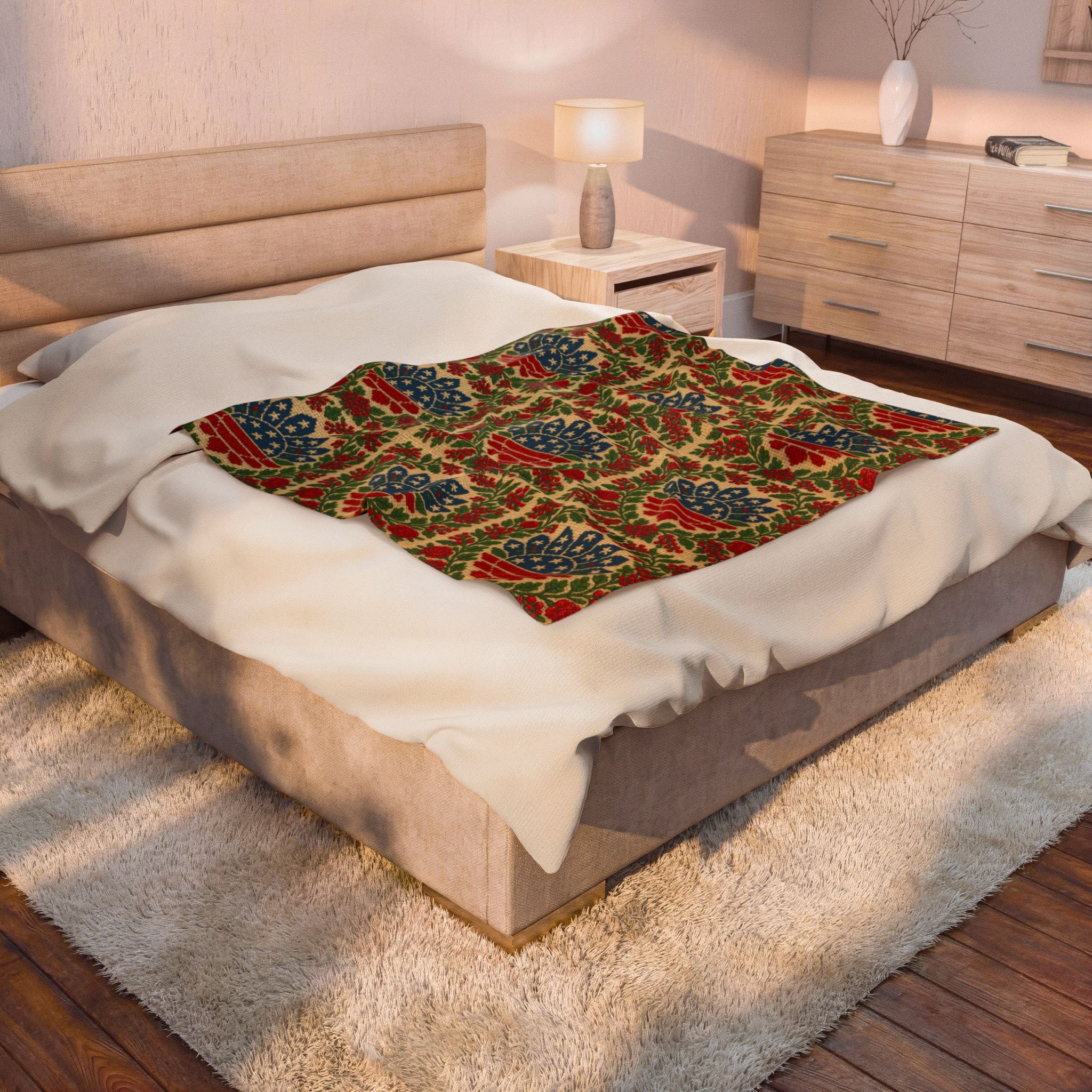 America 250 Velveteen Plush Blanket | Patriotic Folk Floral Throw | 1776–2026 Anniversary Gift