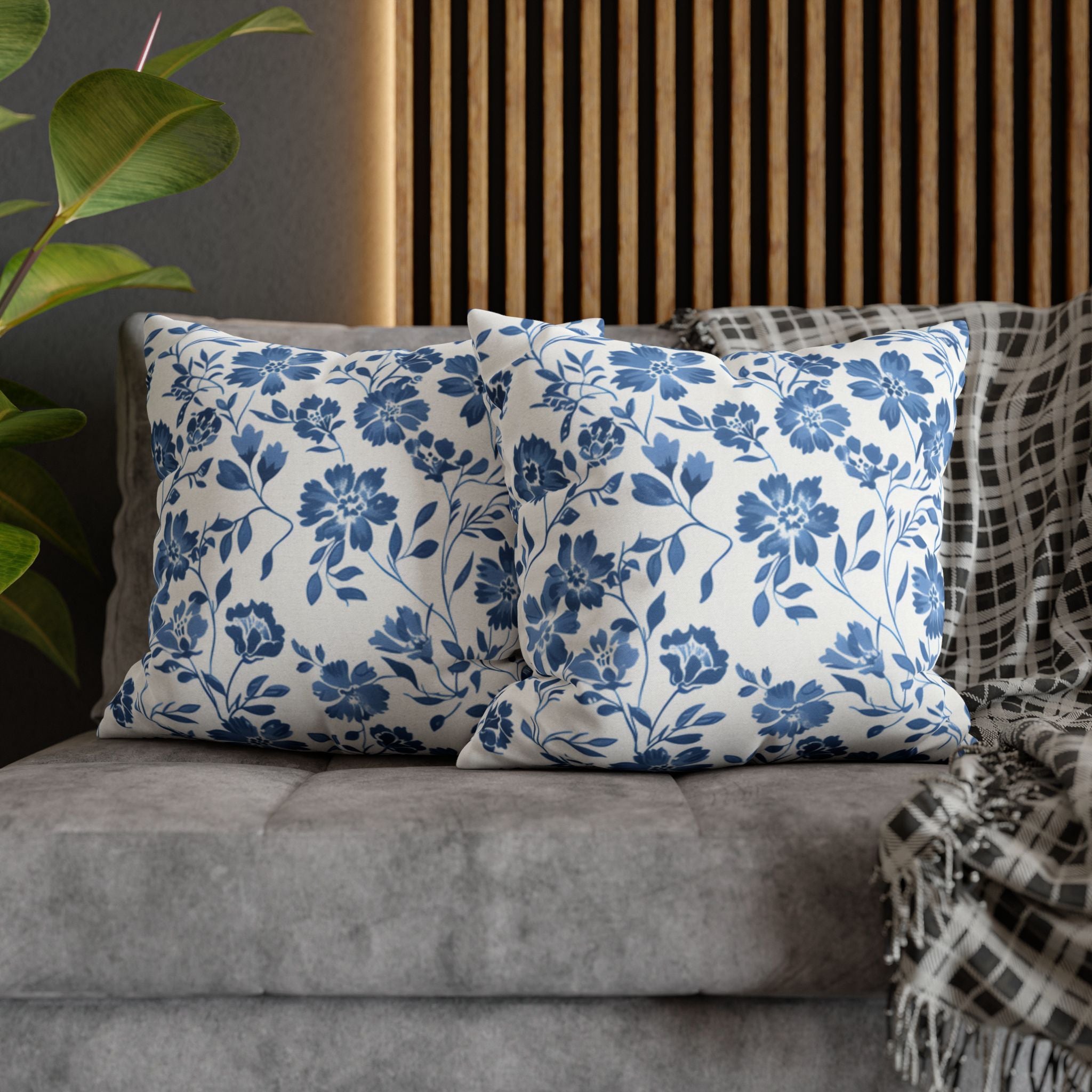 Light Blue Floral Pillowcase Spun Polyester Square Pillowcase | Blue Flower Pillow Cover