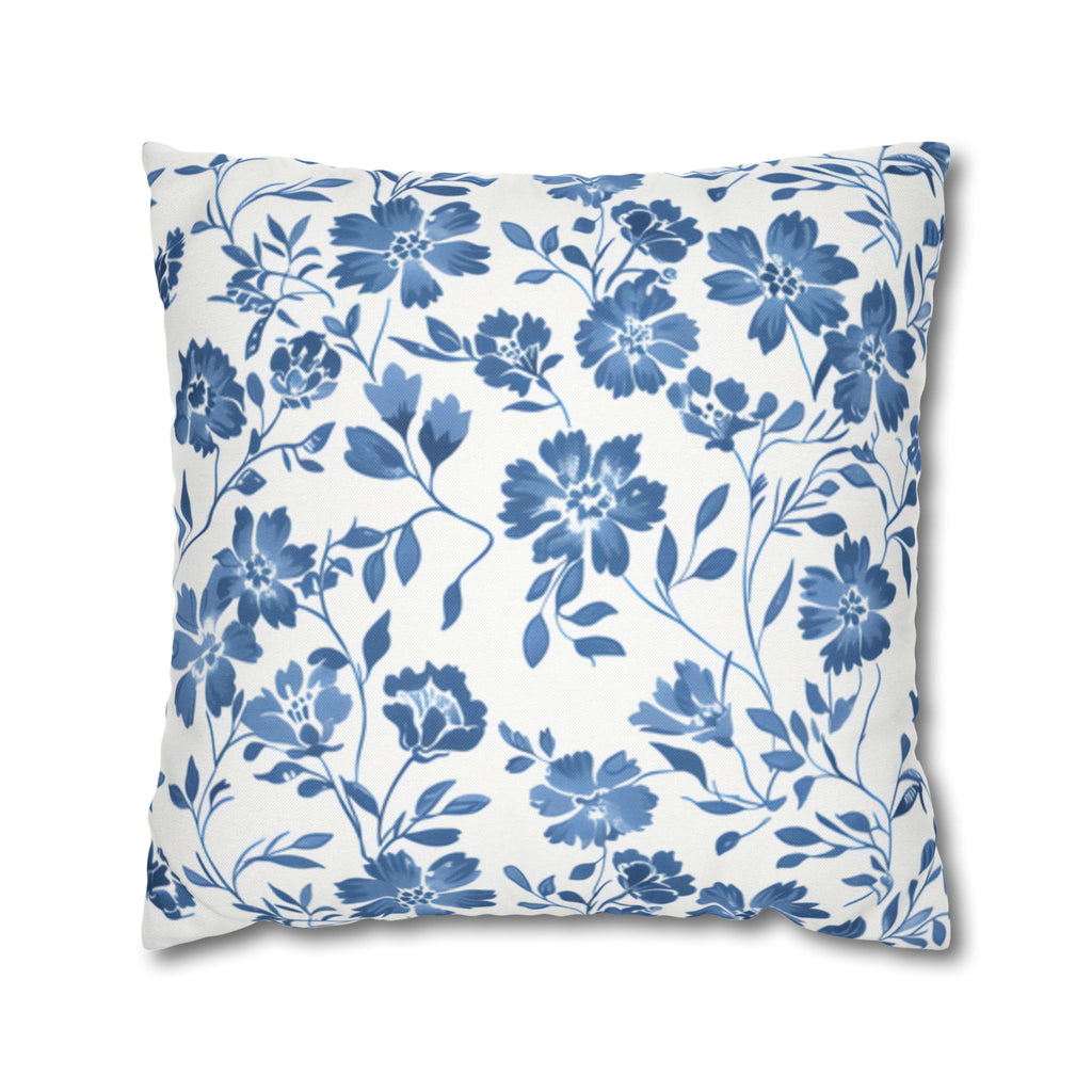 Light Blue Floral Pillowcase Spun Polyester Square Pillowcase | Blue Flower Pillow Cover