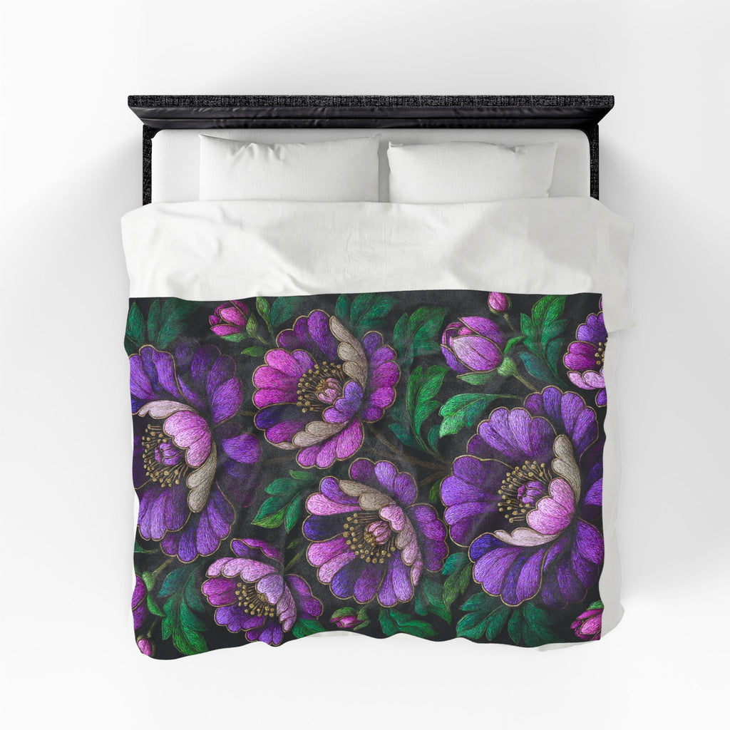 Petrykivka Bloom Blanket | Purple Peony Floral Plush Throw | Moody Embroidered Look Velveteen Cozy Blanket