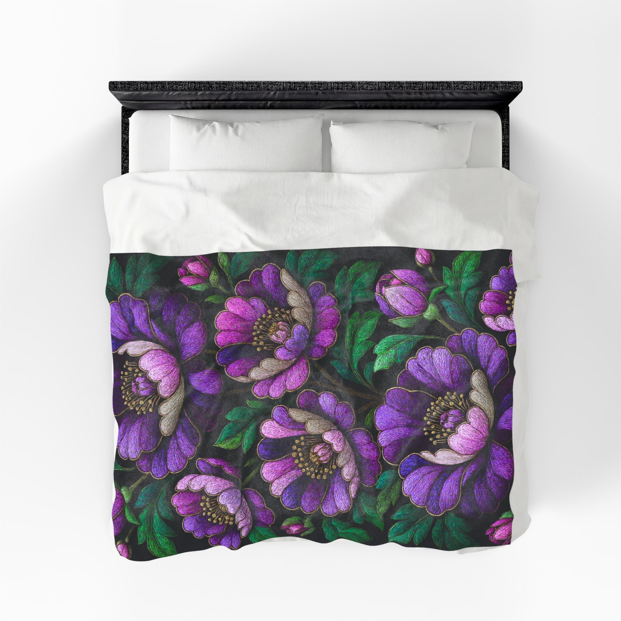 Petrykivka Bloom Blanket | Purple Peony Floral Plush Throw | Moody Embroidered Look Velveteen Cozy Blanket