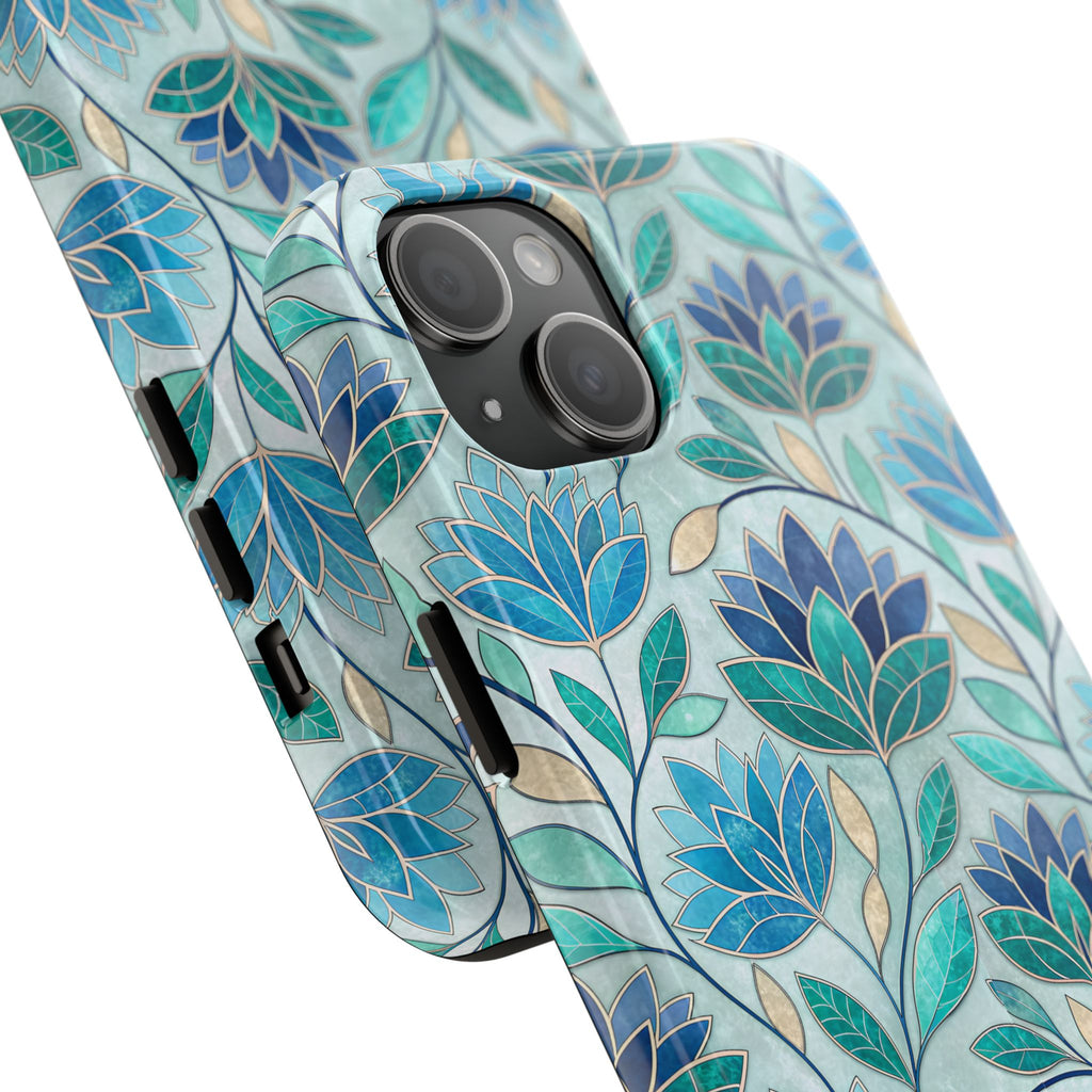 BLUESKYDEZIGN | Mosaic Stained Glass Phone Case | Teal Blue Floral Watercolor iPhone Cover | Artistic Gift for Her