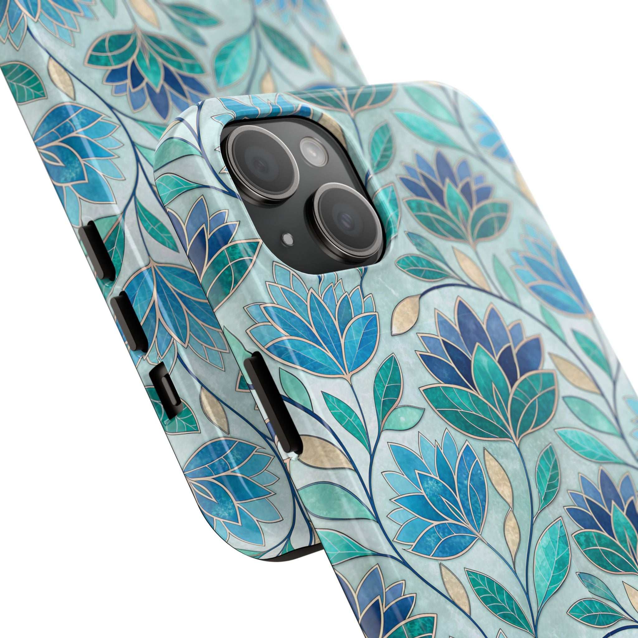 BLUESKYDEZIGN | Mosaic Stained Glass Phone Case | Teal Blue Floral Watercolor iPhone Cover | Artistic Gift for Her