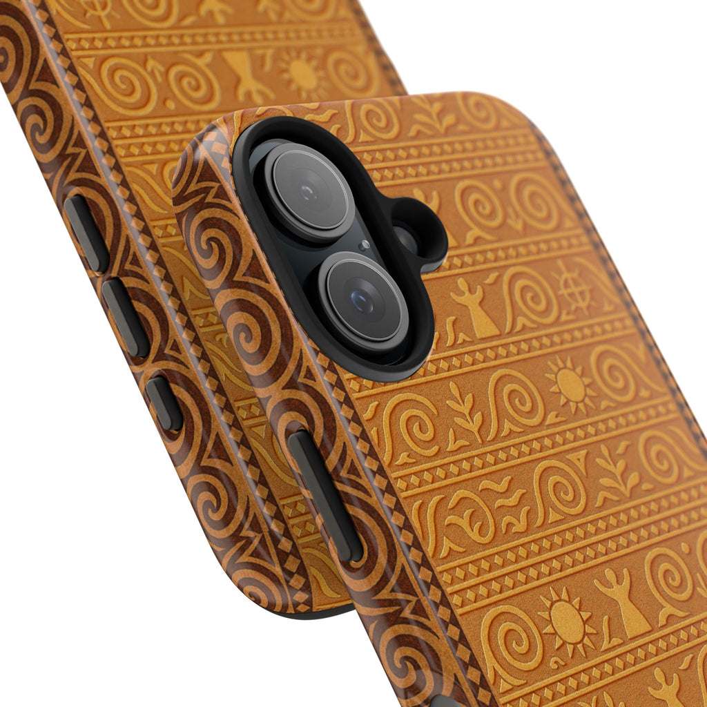 Trypillian Code tough phone case with ancient Ukrainian terracotta symbols — solar cross, guardian figure and spiral motifs in warm ochre and chestnut tones, dual-layer shockproof iPhone cover

