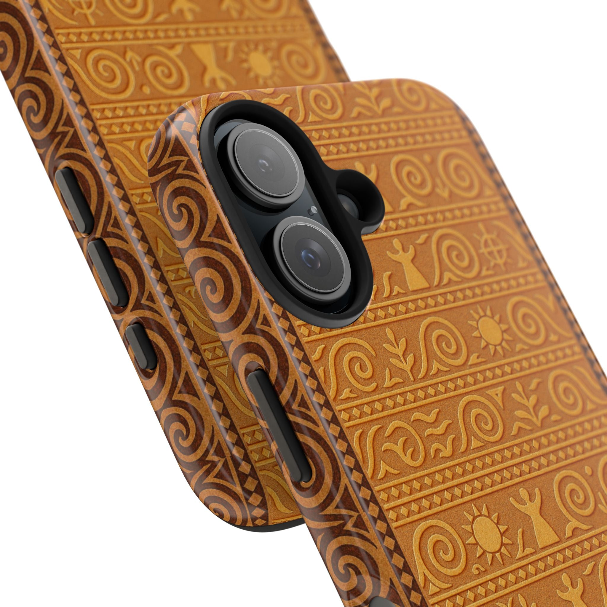 Trypillian Code tough phone case with ancient Ukrainian terracotta symbols — solar cross, guardian figure and spiral motifs in warm ochre and chestnut tones, dual-layer shockproof iPhone cover

