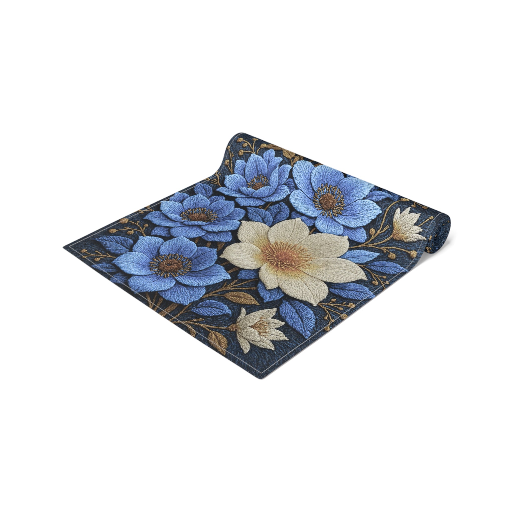 Midnight Symphony Floral Table Runner | Navy Blue & Cream Botanical Dining Linen