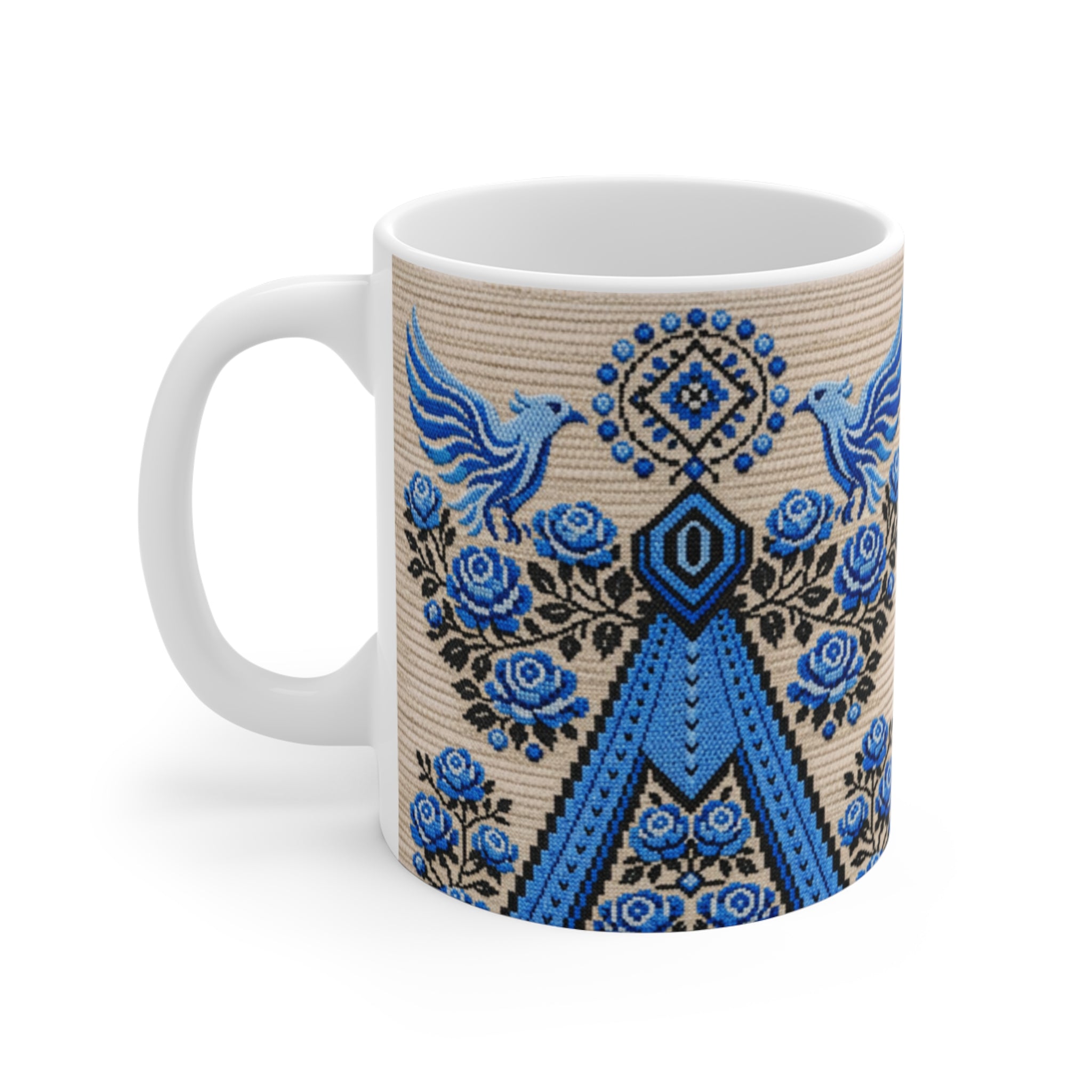 Ukrainian Berehynia mug with blue black folk art geometric pattern
