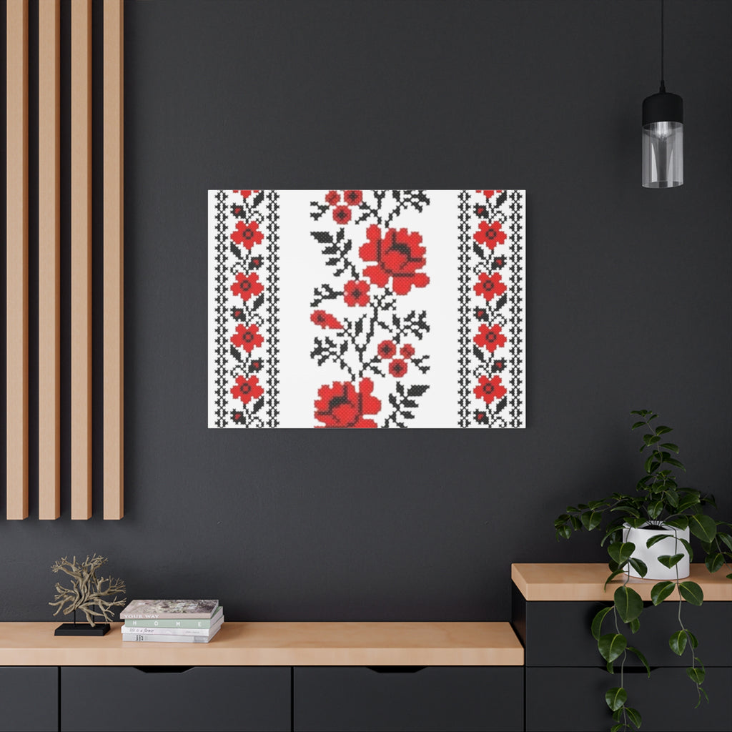 Ukrainian Embroidery Wall Art, Red Black Folk Floral Pattern, Traditional Slavic Home Decor Canvas for Living Room or Entryway, Matte Print, Stretched 1.25" Ready to Hang