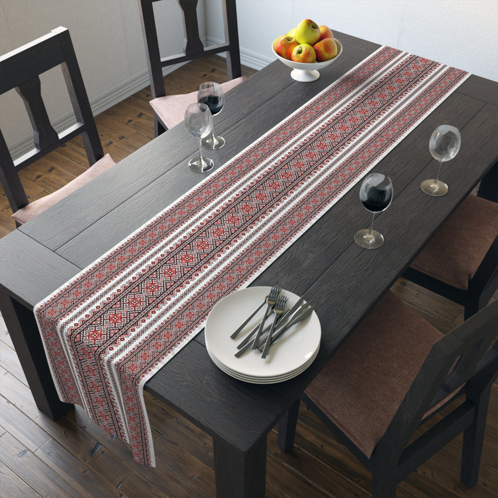 Stasia Red Folk Art Table Runner | Ukrainian Heritage Red & Black Geometric Linen